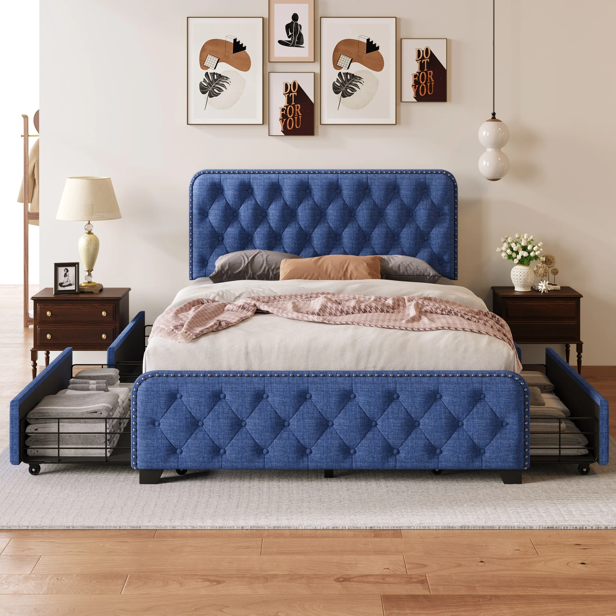 Full Upholstered Platform Bed with 4 Drawers, Button Tufted Headboard & Footboard, Sturdy Metal Support, No Box Spring Needed