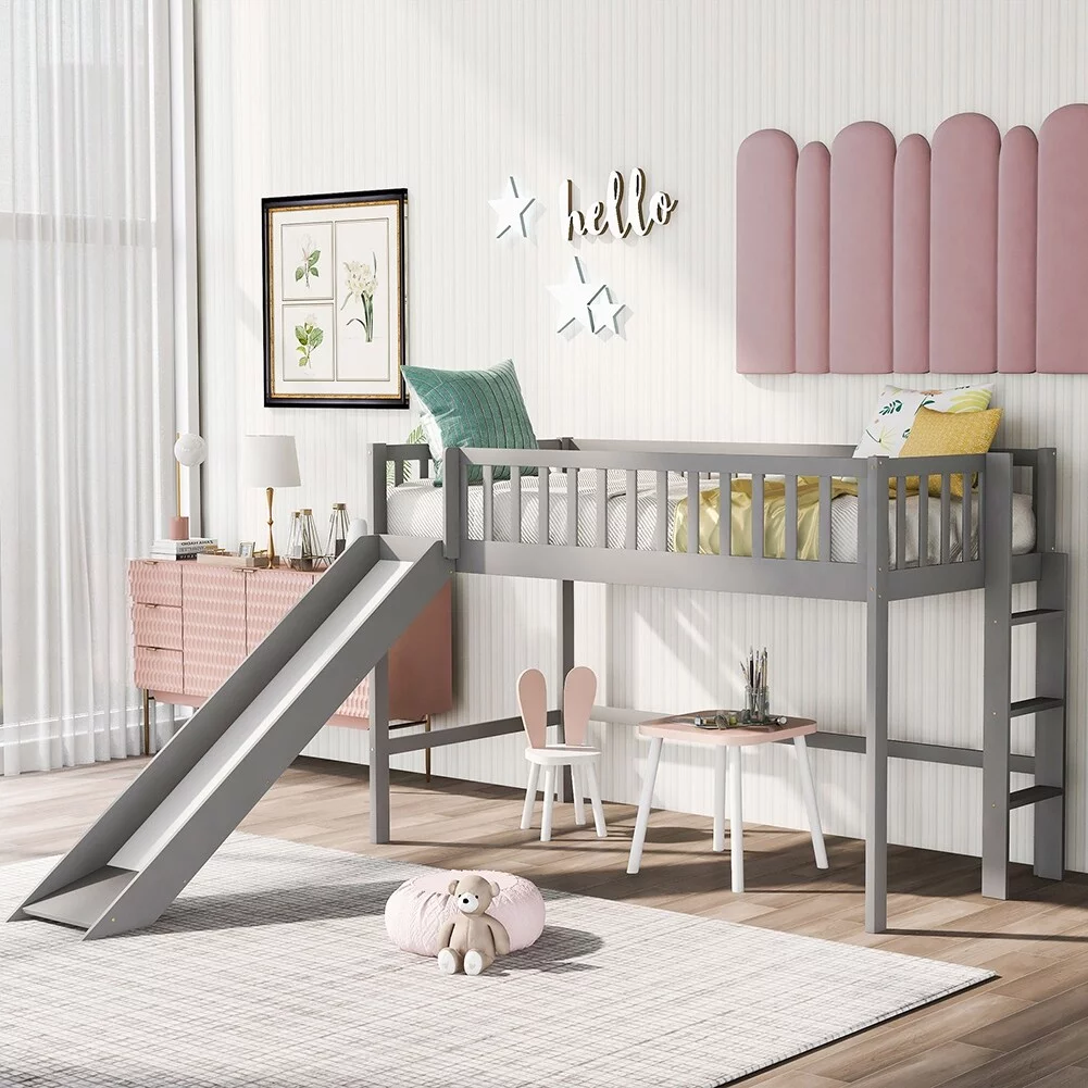Twin Size Low Loft Bed with Ladder and Slide Espresso