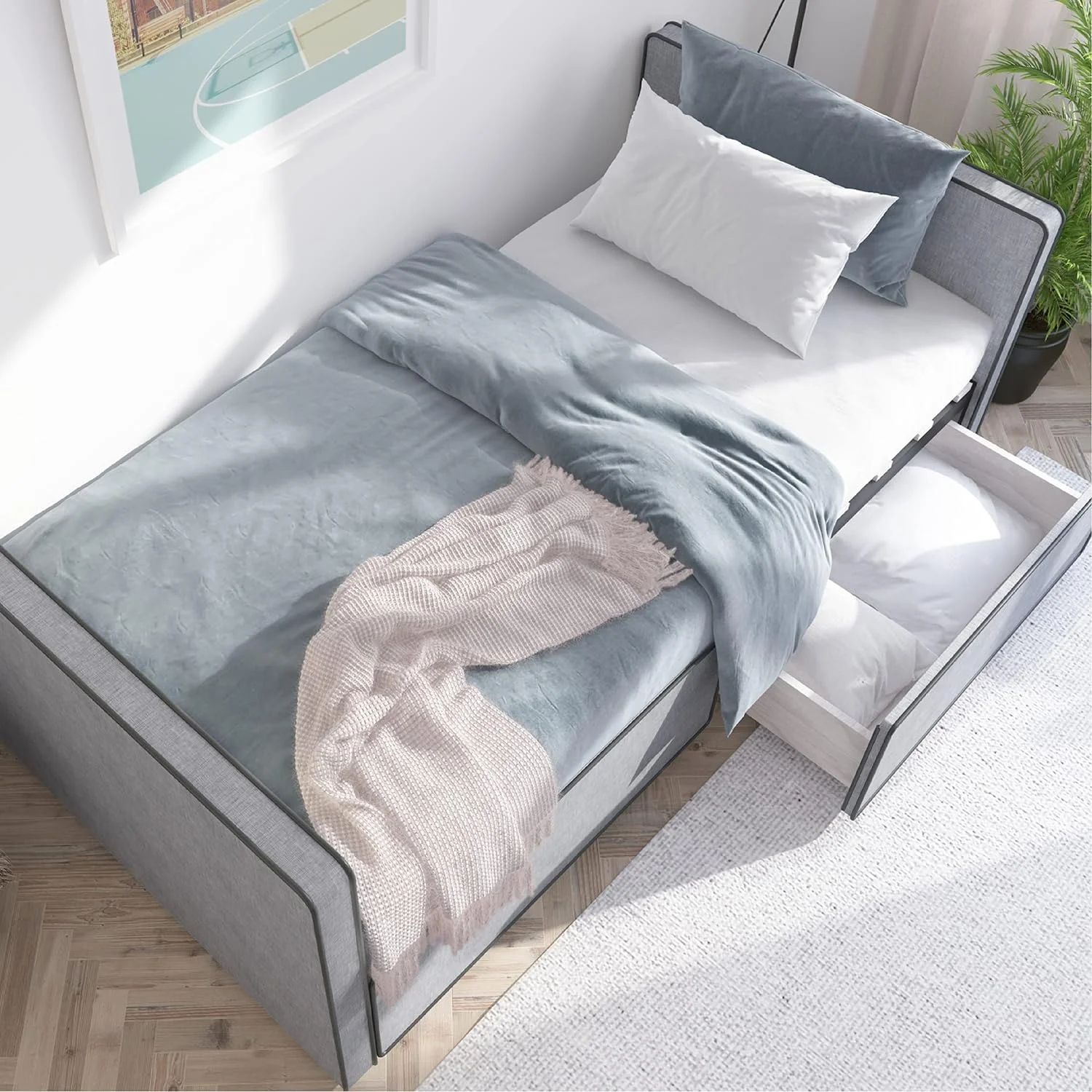 DG Casa Caden Upholstered Twin Bed Frame with Storage Drawers - No Box Spring Required - Gray Fabric