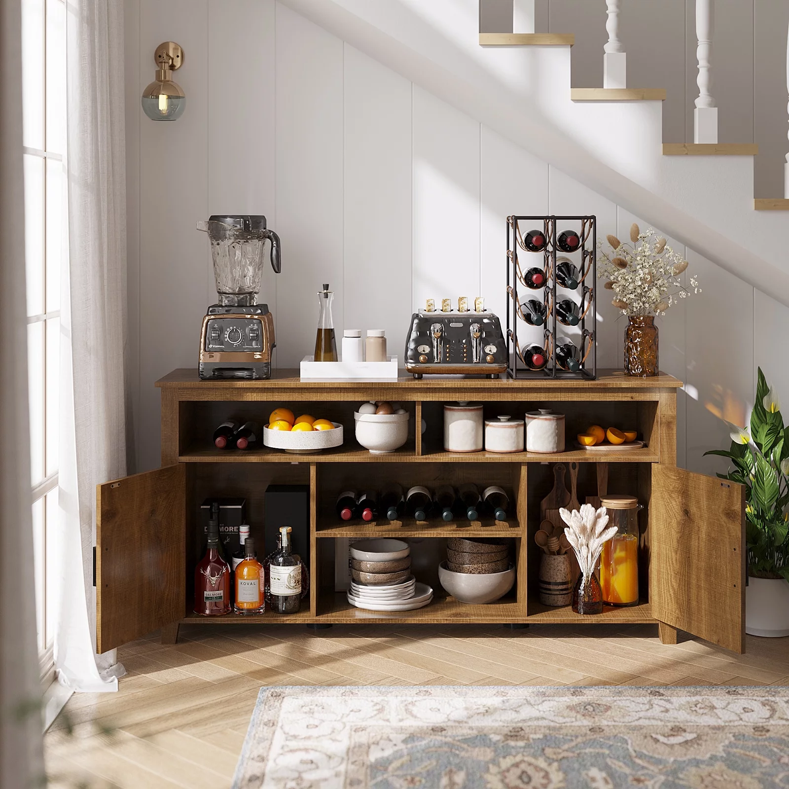 Dextrus Highboy Coffee Bar Cabinet, Farmhouse Buffet Cabinet with Barn Door Kitchen Storage Cabinet & Sideboard Cabinets for Dinning Room