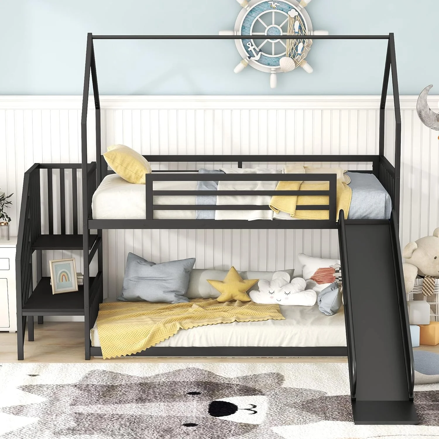 Over Metal Bunk Bed With Slide And Stairs, Low Bunk House Bed For Kids, Floor Bunk Bed, Modern Style Heavy-Duty Steel Frame (Black)