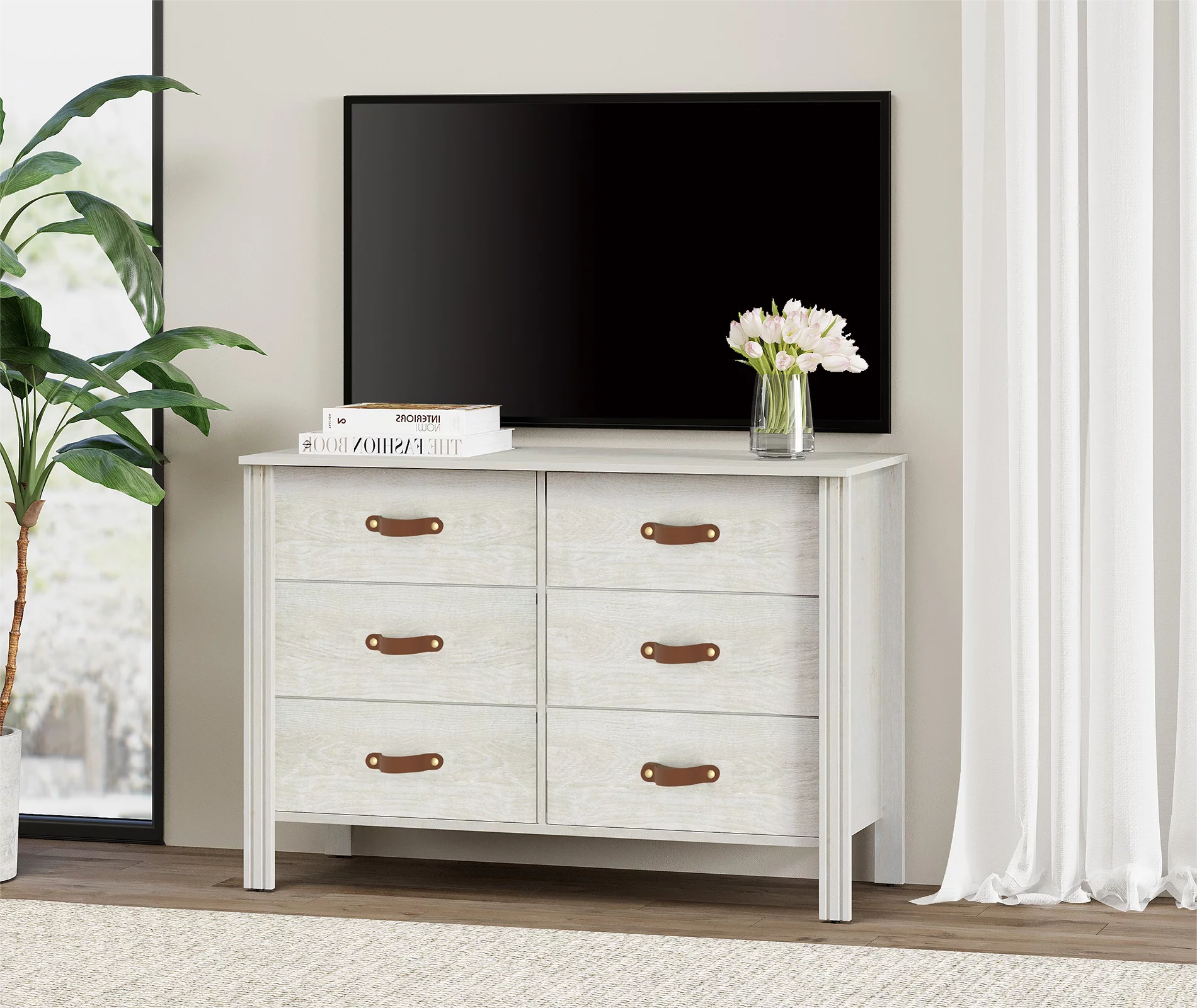Bedroom Dresser Wood Dresser with 6 Fabric Drawers, Classic Storage Cabinet for Living Room, Hallway, White