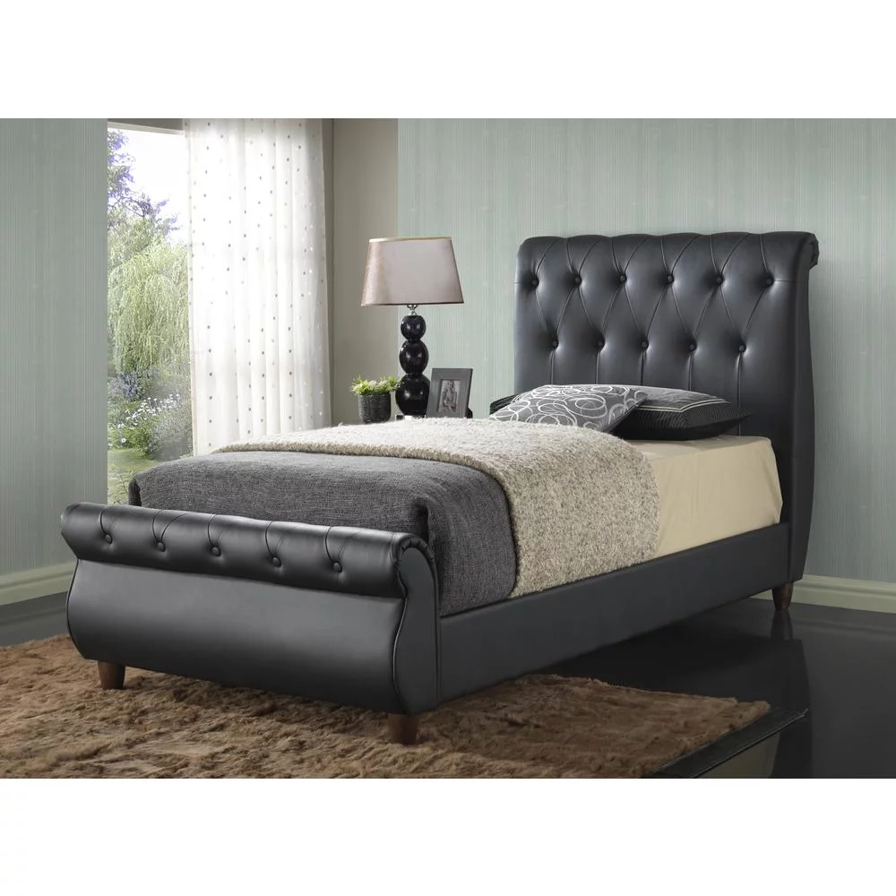 Glory Furniture Lorana Button Tufted LED Faux Leather Bed Silver Champagne Twin