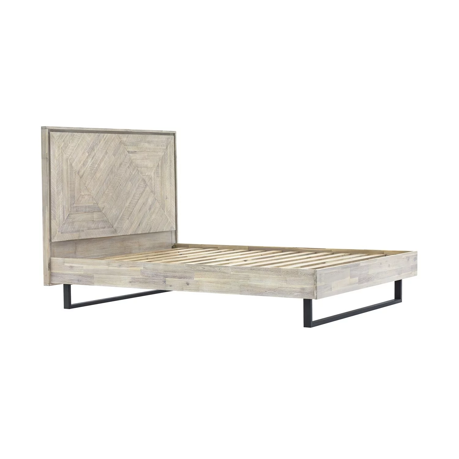 Benjara Rexi Acacia Wood King Platform Bed Frame, Metal Sled Base, Natural Brown