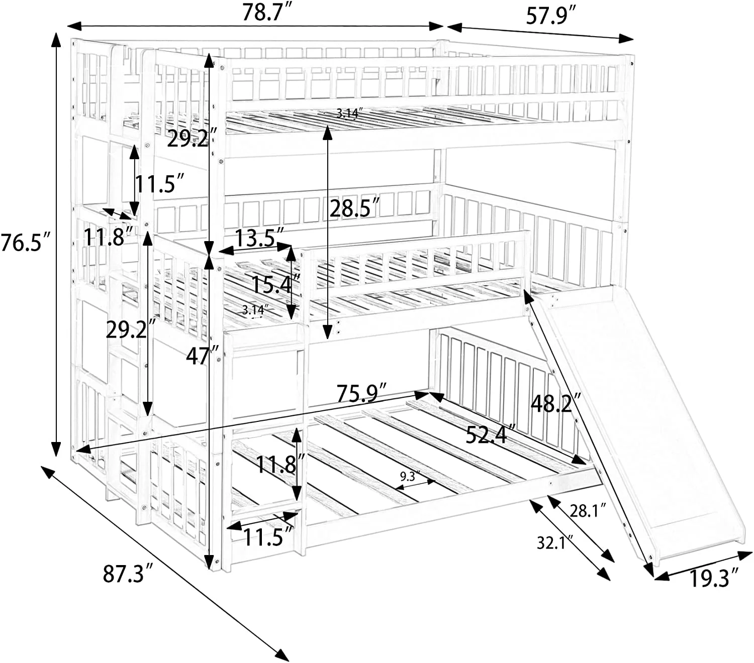 Triple Bunk Bed With Slide, Full-Over-Full-Over-Full Triple Bed Frame With Built-In Ladder And Guardrails For Kids, Gray