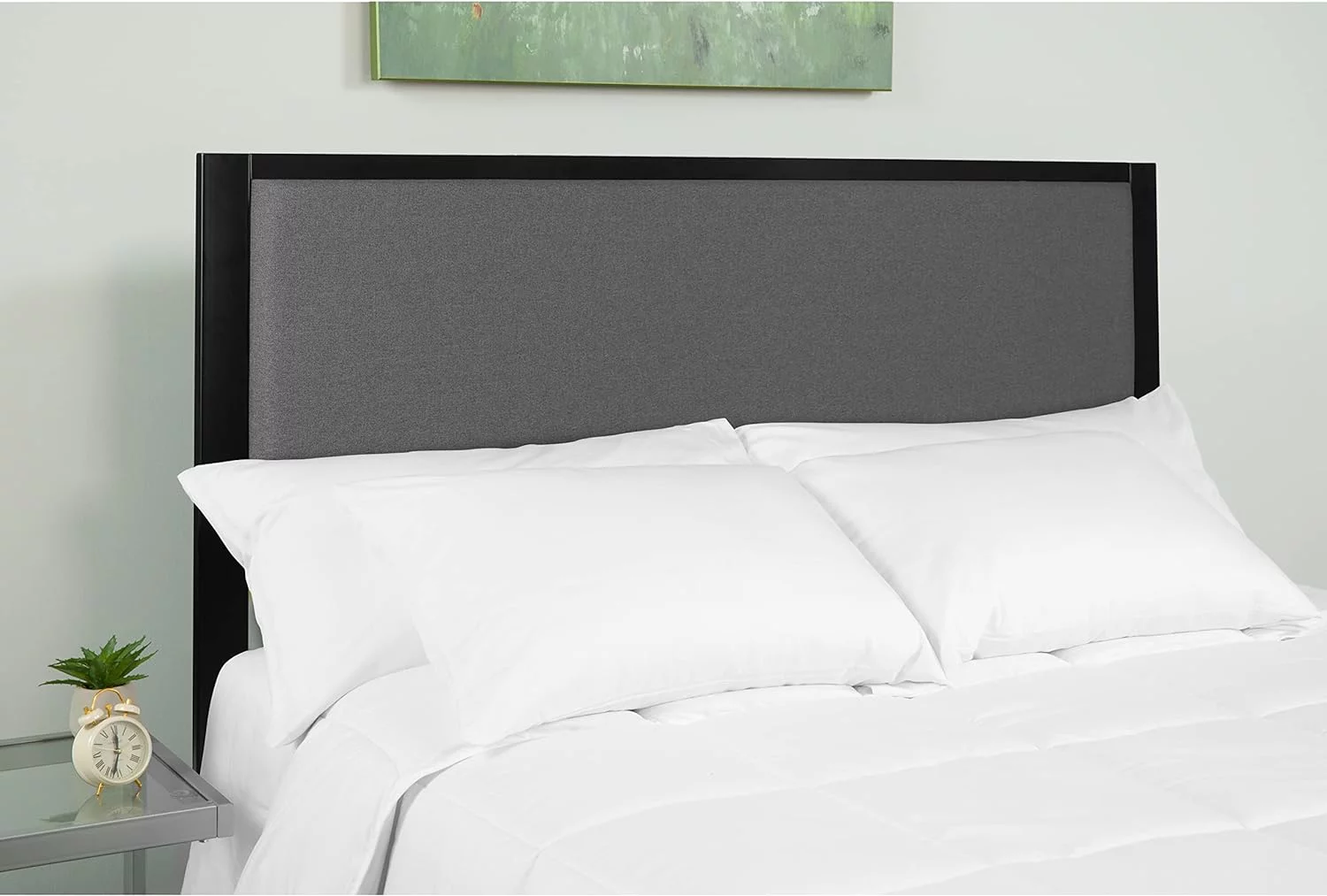 king size upholstered metal panel headboard in dark gray fabric