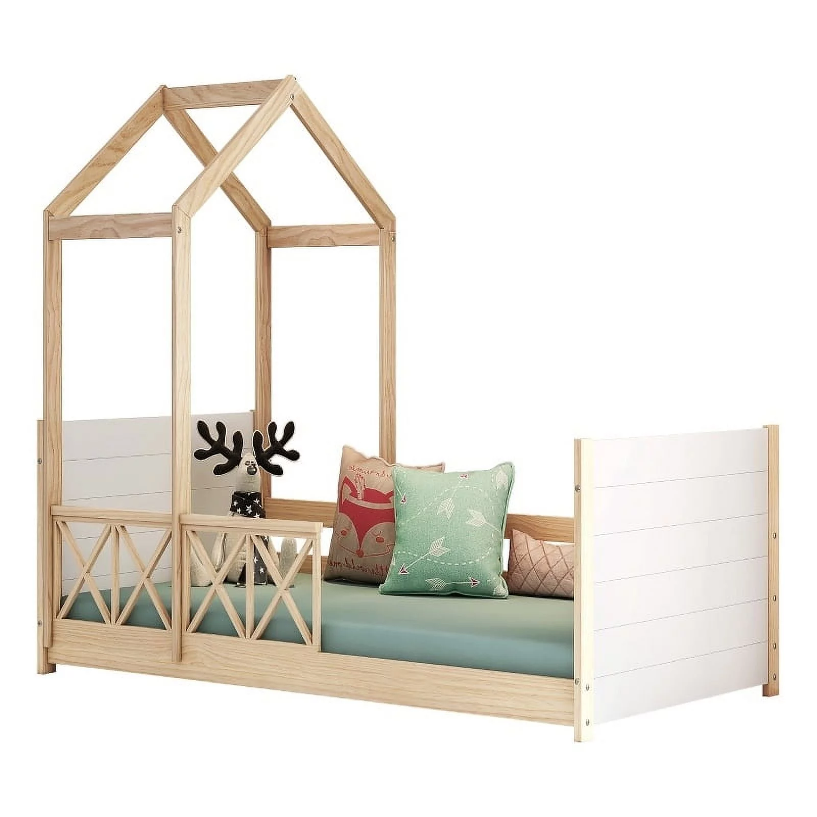 Pemberly Row Modern Solid Wood Twin Daybed with Roof and Guardrails in White/Oak