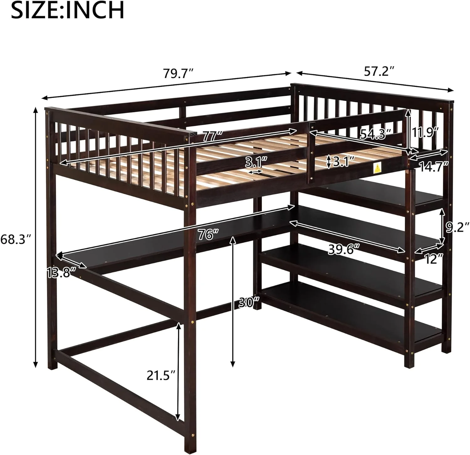 Loft Bed Full Size, Full Loft Bed With Desk, Solid Wood Full Size Loft Bed Frame With Storage Shelves, Bedroom Furniture (Full Loft With Desk, Espresso)
