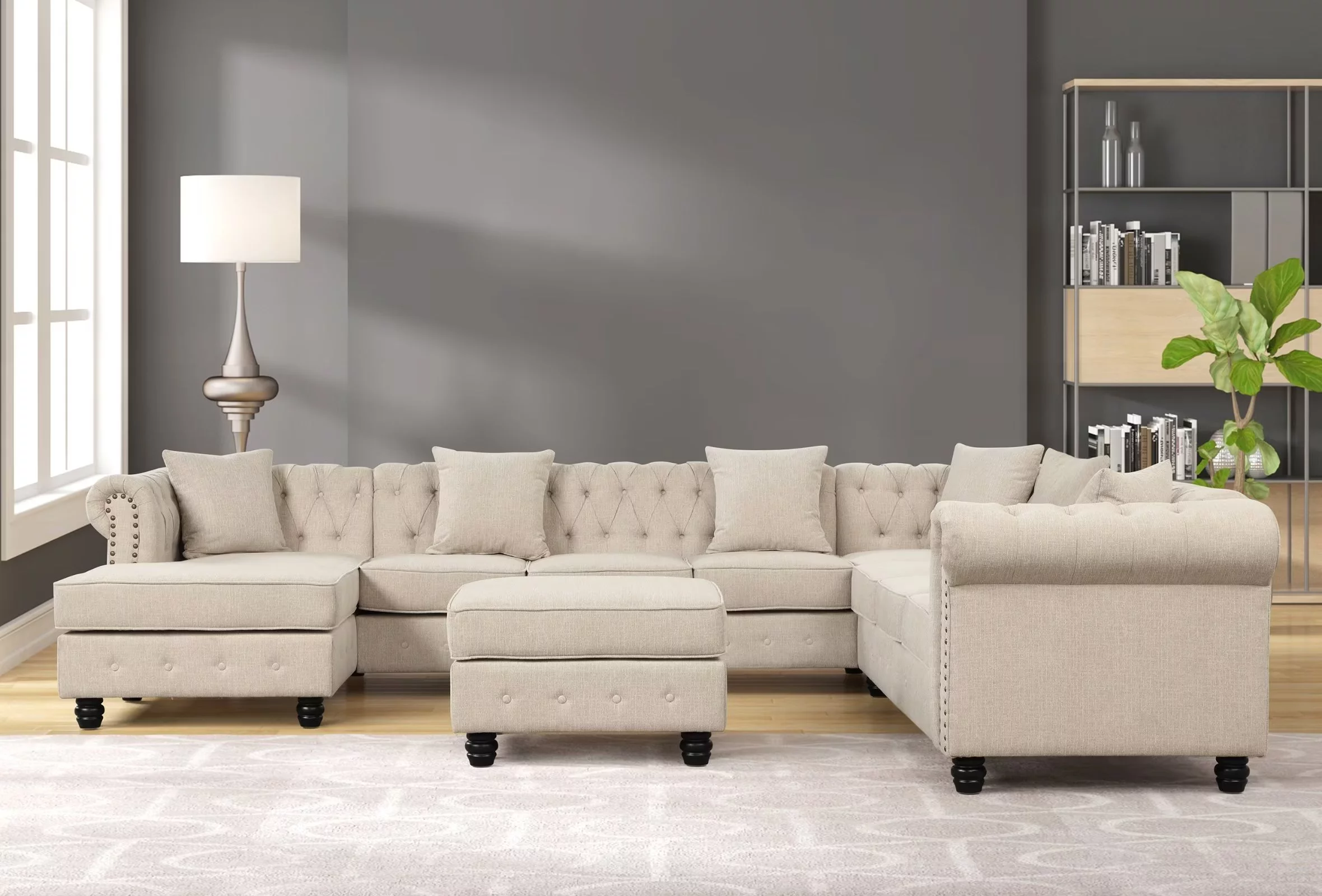 Morden Fort U Shape Modular Oversized Sectional Sofa Bed with Chaise Lounge and Ottman for Living Room Imitation chenille Beige