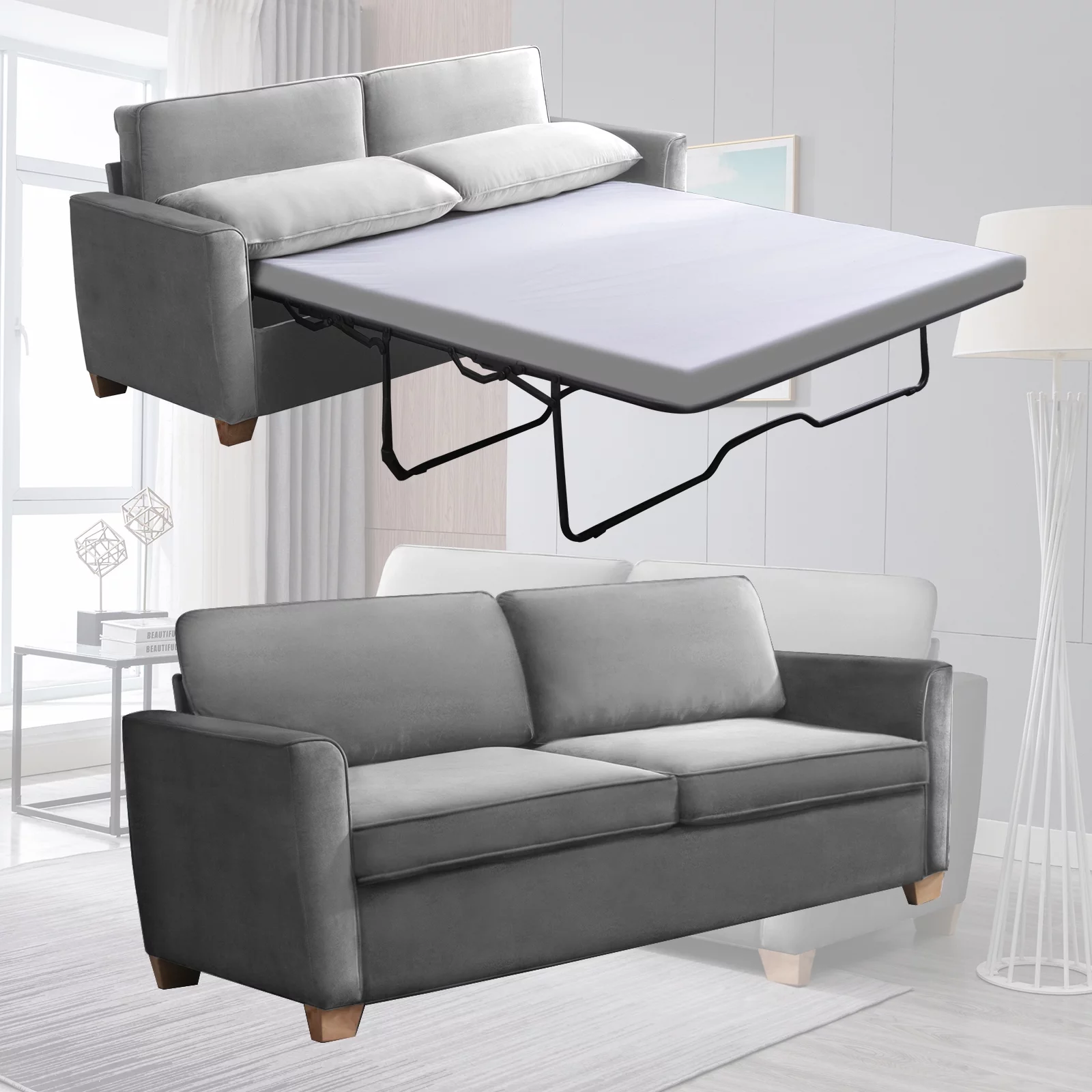 Mixoy 2-in-1 Pull Out Sofa Bed, Velvet Loveseat Sleeper Sofa Bed with Folding Mattress, Pull Out Couch Bed Suitable for Living Room, Full Size Sofa Sleeper for Apartment/Small Spaces (Full, Grey)