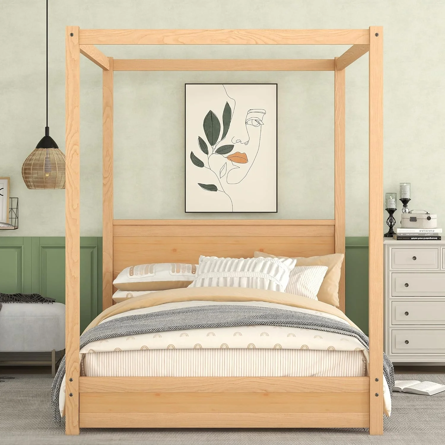 Full Size Bed Frame With Headboard, Canopy Platform Bed Frame With Wood Frame And Center Legs For Bedroom