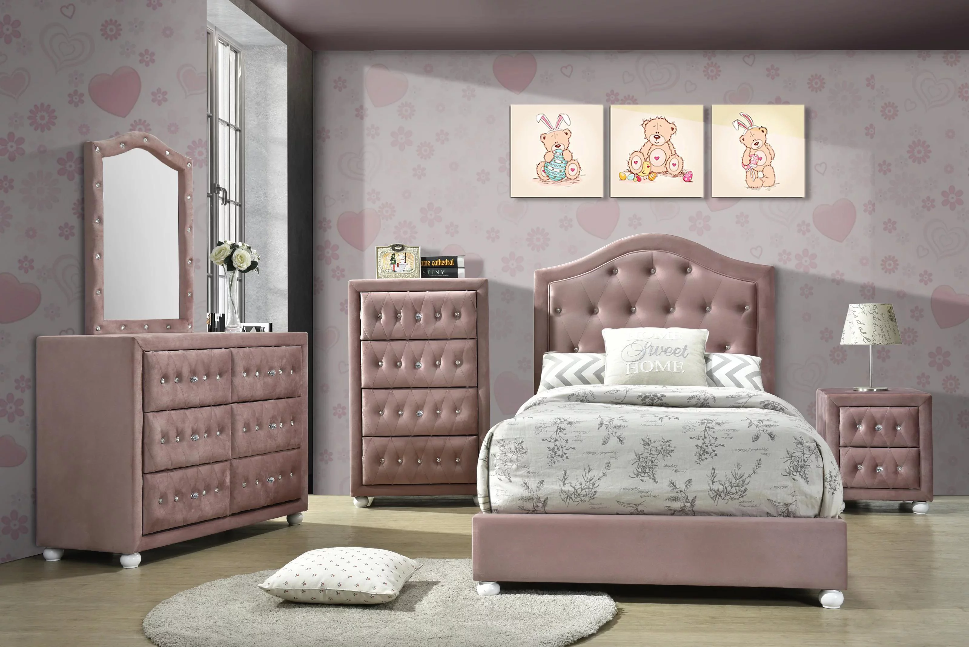 Modern & Classic Pink Fabric Twin Bedroom Set by Acme Reggie 30820T-5pcs