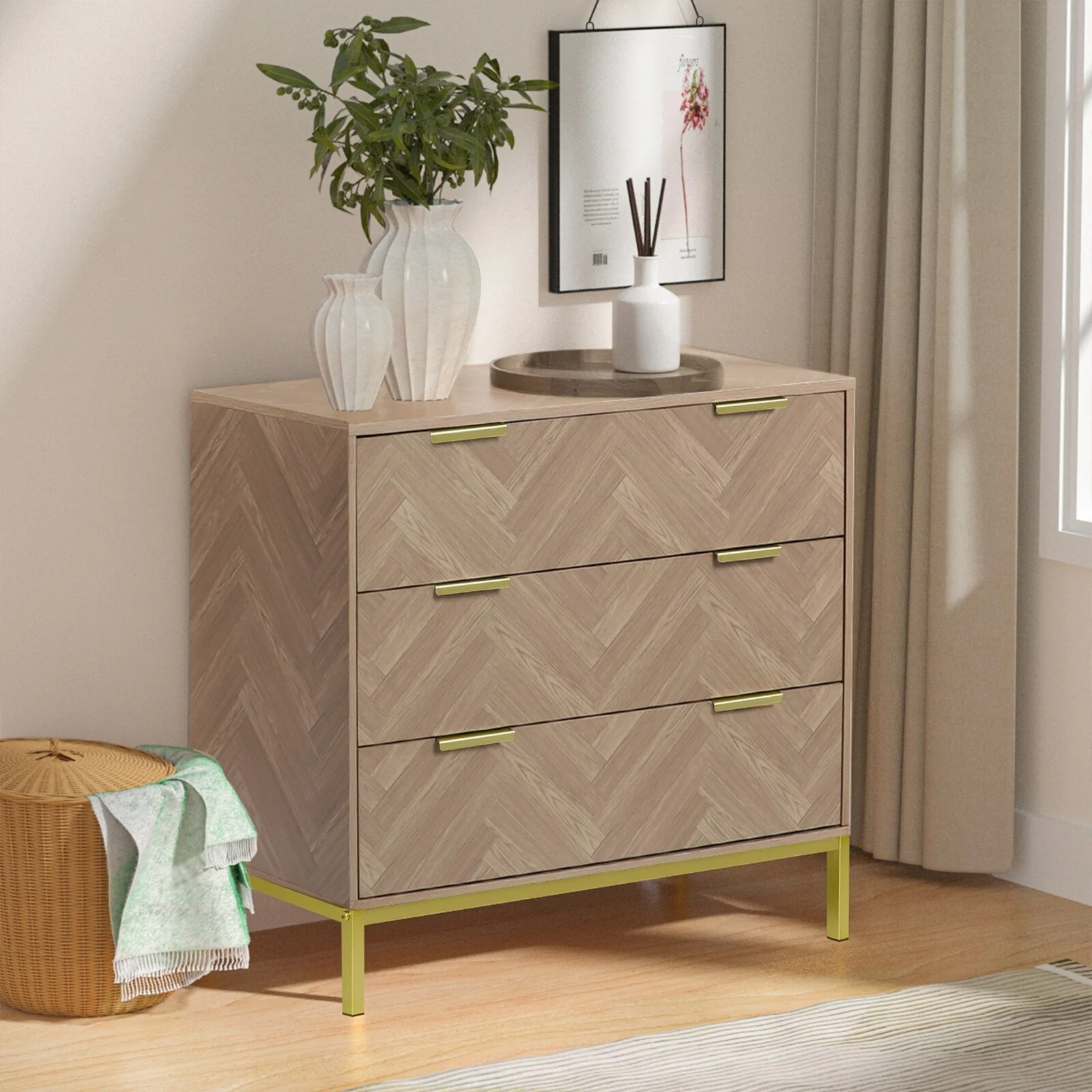 Anmytek 3-Drawer Dresser Natural Oak Chest of Drawers Mid Century Modern Bedroom Dressers 31.5