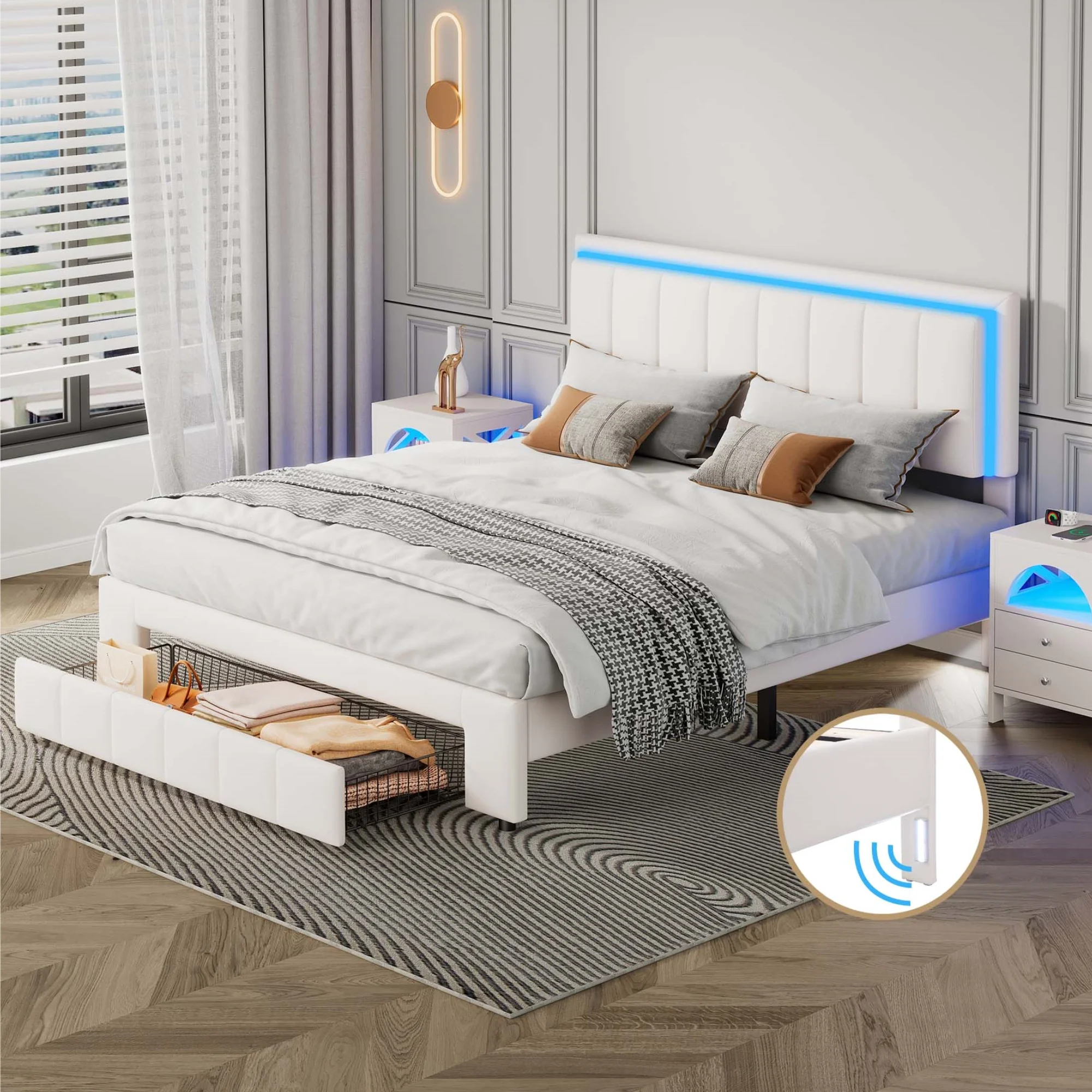 CoSoTower Upholstered Platform Bed with LED Lights and Two Motion Activated Night Lights,Queen Size Storage Bed with Drawer,White