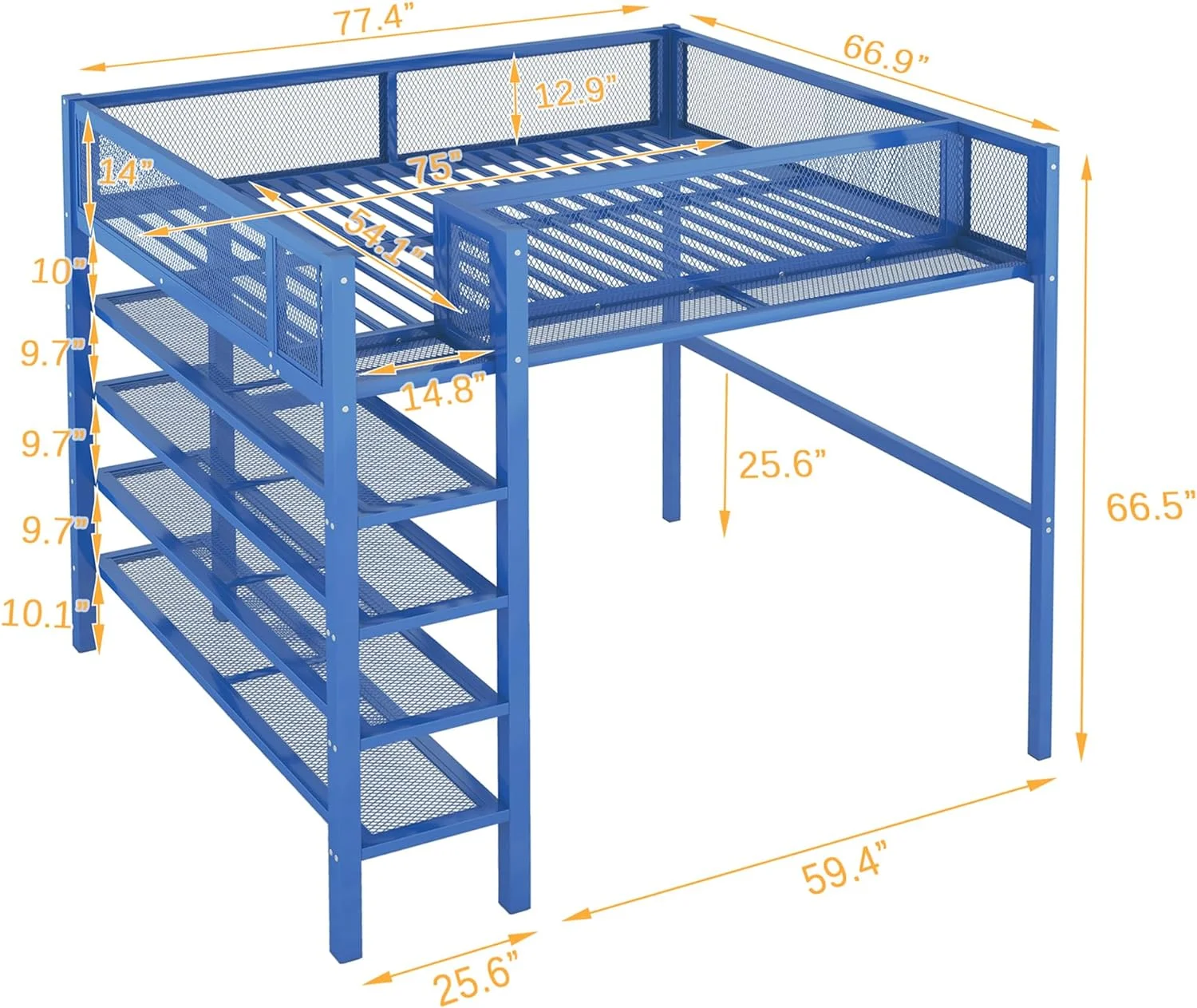 Full Size Metal Loft Bed with 4-Tier Shelves and Storage, Full Loft Bed Frame for Dorm, Boys & Girls, Teens, No Box Spring Needed
