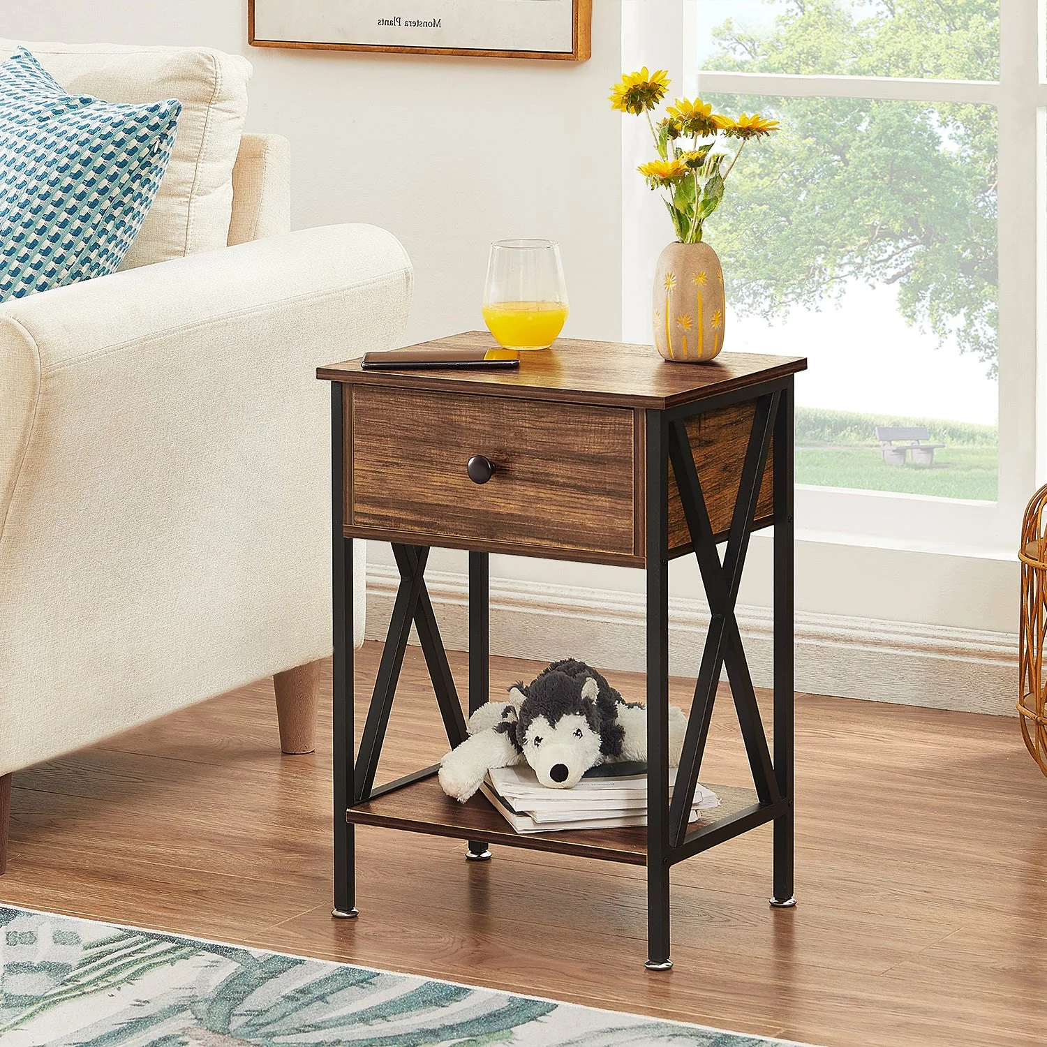 VECELO 3-Piece Bedroom Set with Queen Size Platform Bed Frame and 1-Drawer Brown Nightstand