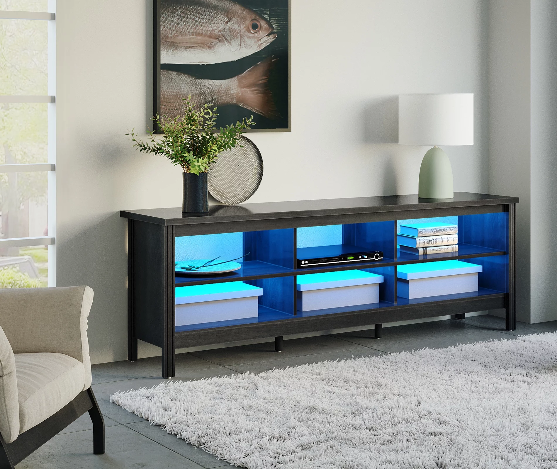 LED TV Stand for 75 inches Flat Screen, LED Wood Media Console Storage Cabinet Entertainment Center with 6 Open Shelves for Living Room, 70 inches, Black