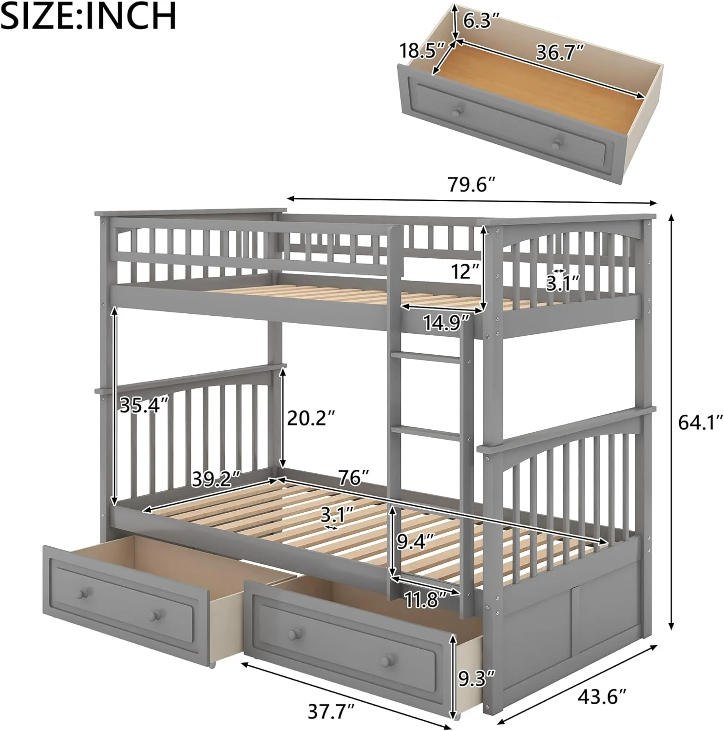 Kids Bunk Beds With 2 Drawers, Solid Wood Convertible Two Size Daybeds, Over Teens Bedroom Bed, Frame With Ladder, Safety Rail For Teens Adults (Grey)