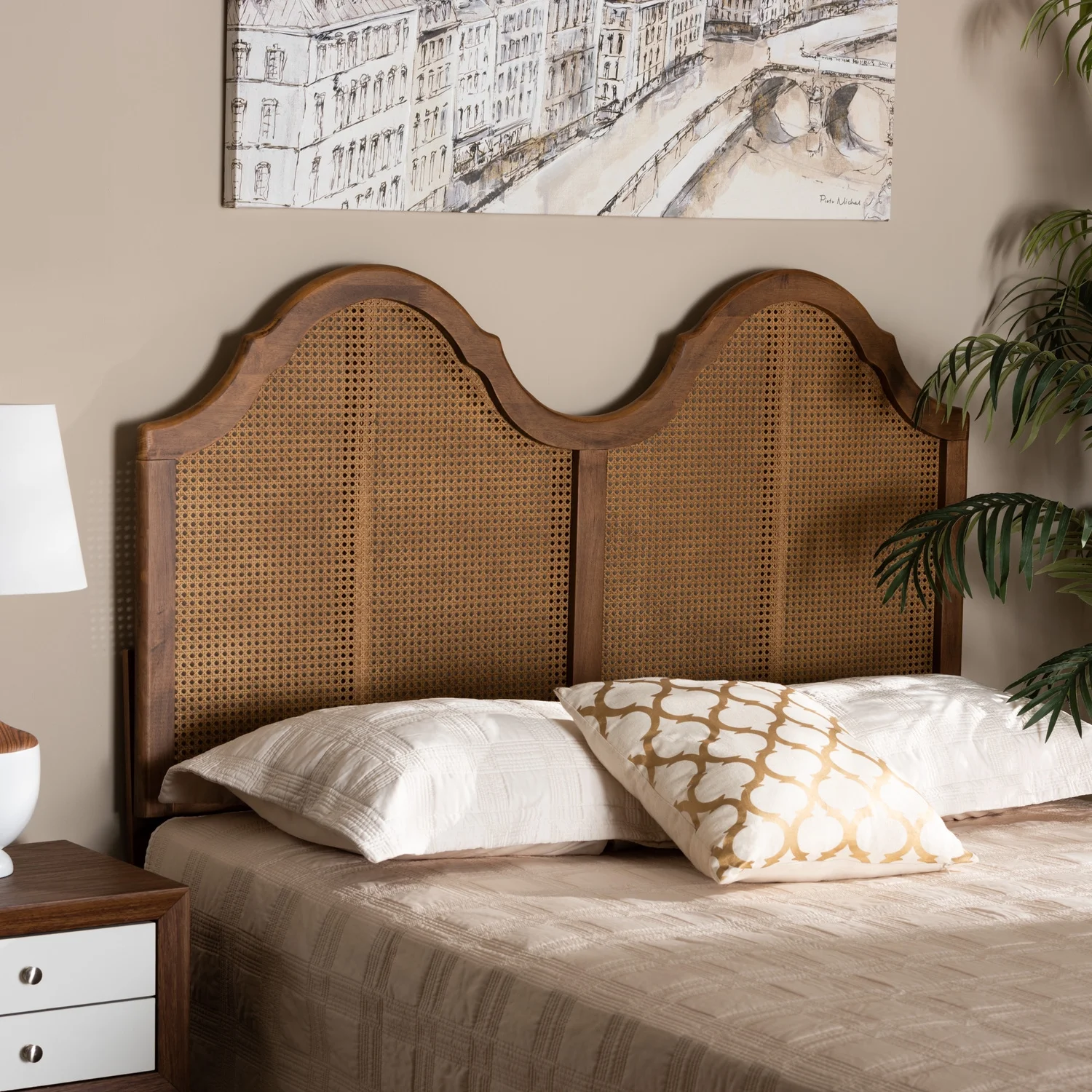 HomeStock Muse Classic And Traditional Ash Walnut Finished Wood And Synthetic Rattan King Size Arched Headboard