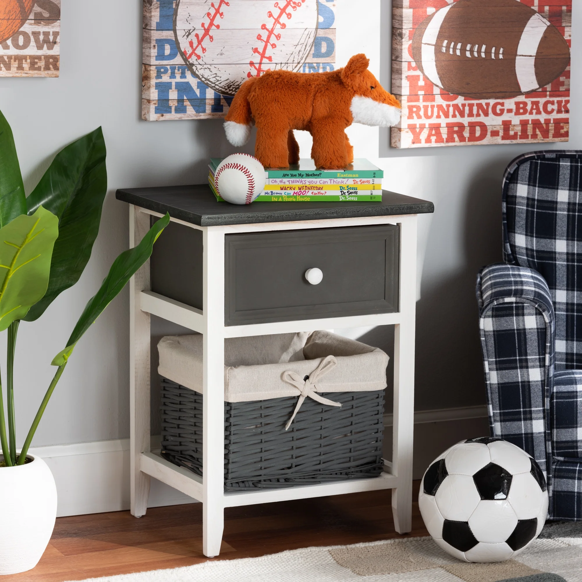 Baxton Studio Shadell Modern Transitional Two-Tone Dark Grey and White Finished Wood 1-Drawer Storage Unit with Basket