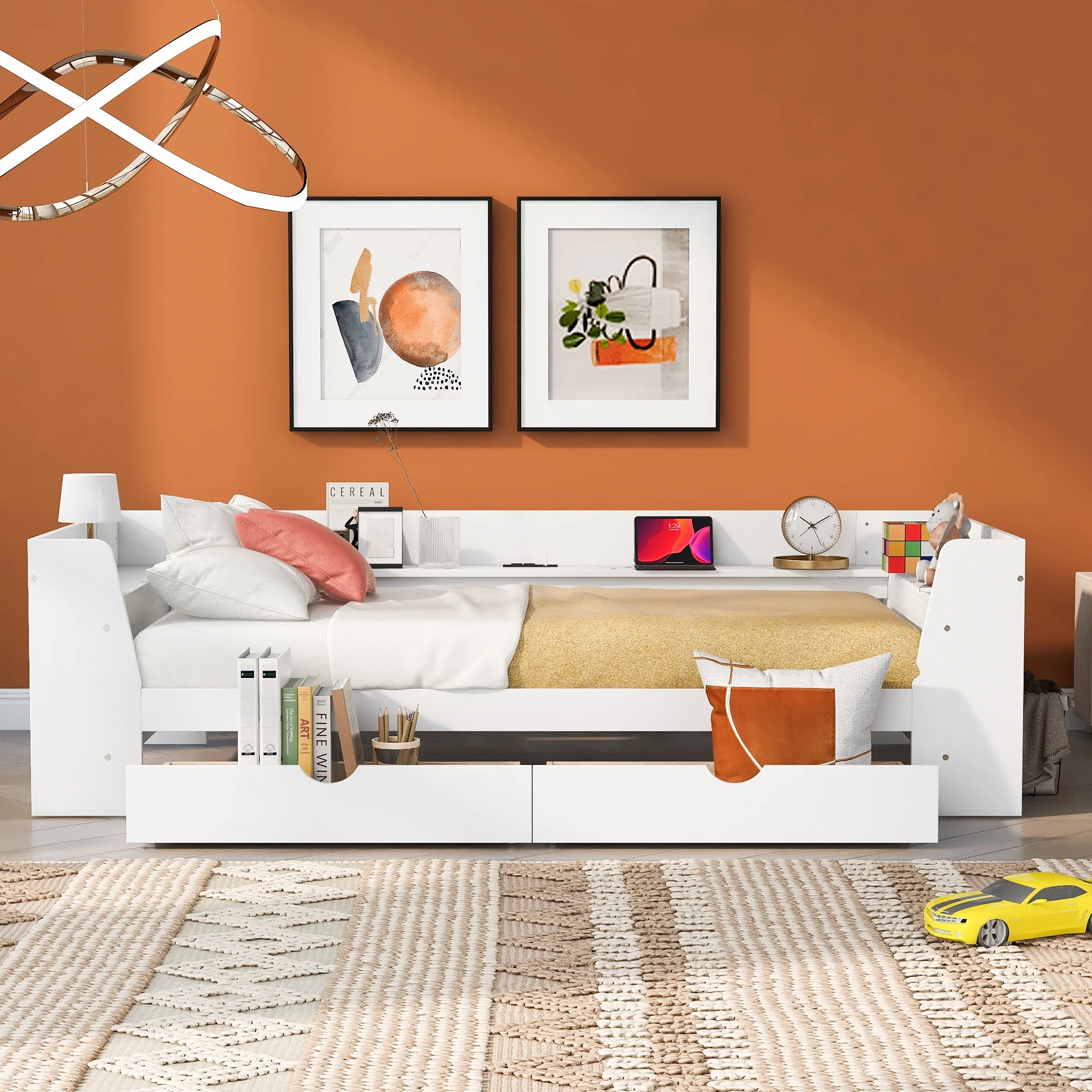 Bellemave Twin Size Daybed with Storage Shelves and Drawers, Wood Sofa Bed Frame with Built-in Charging Station for Living Room Guest Room Children Room (White)