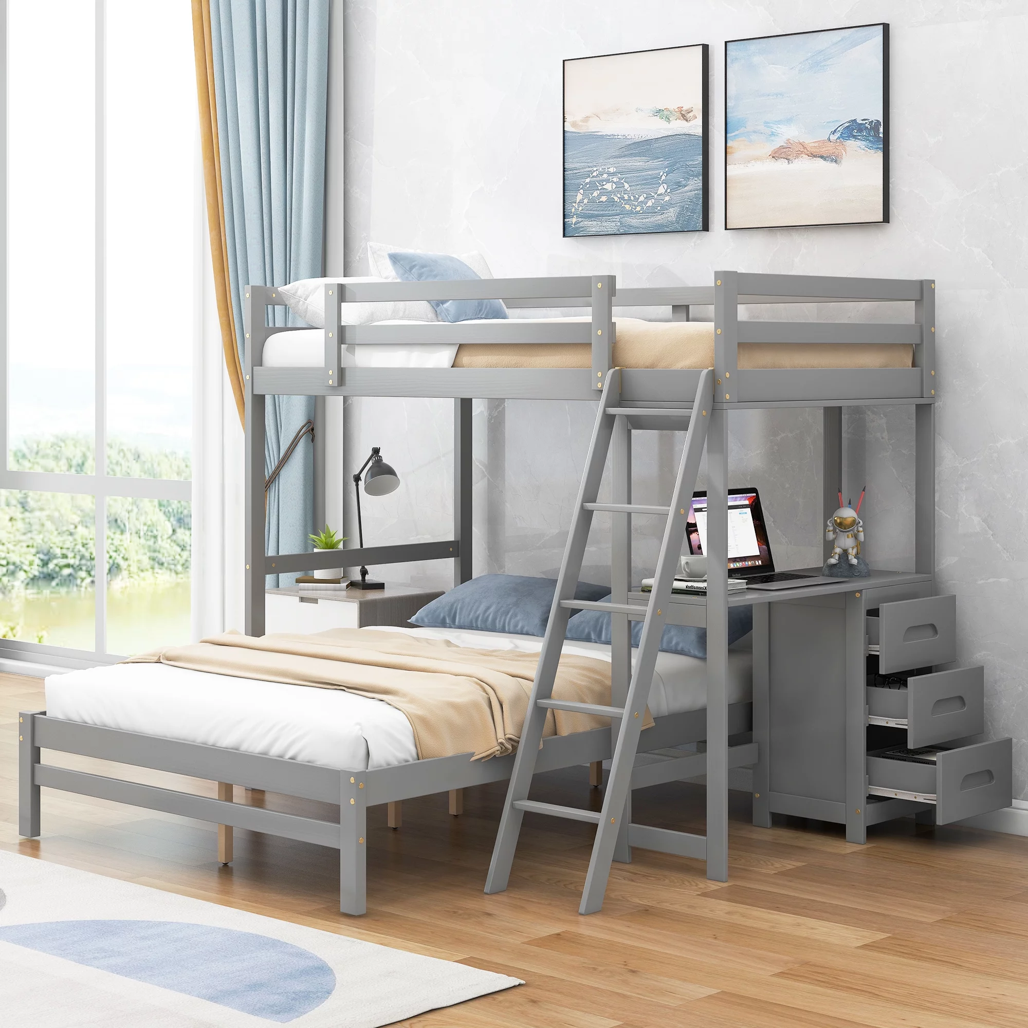 CoSoTower Twin over Full Bunk Bed with Built-in Desk and Three Drawers, Grey