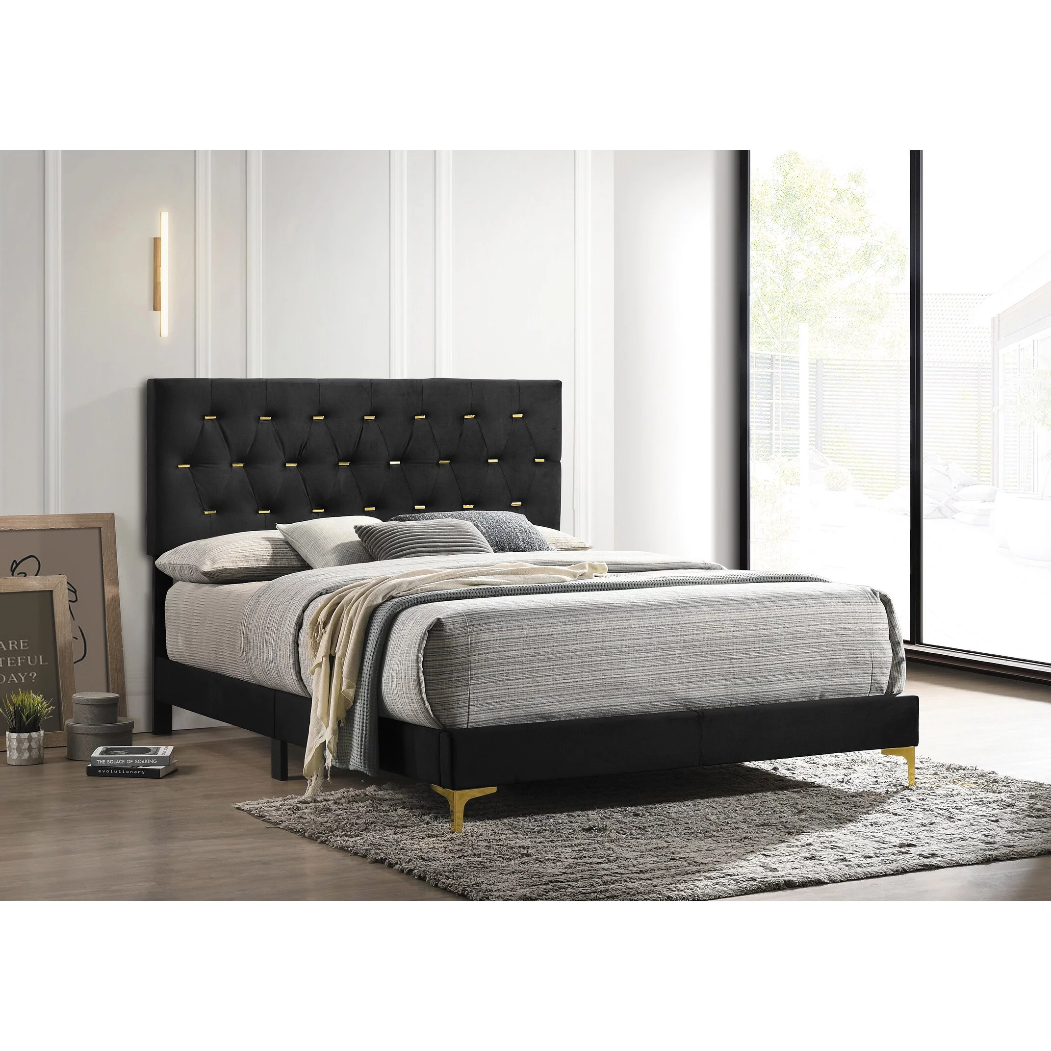 Lexie Black and Gold Diamond Tufted Panel Bed California King