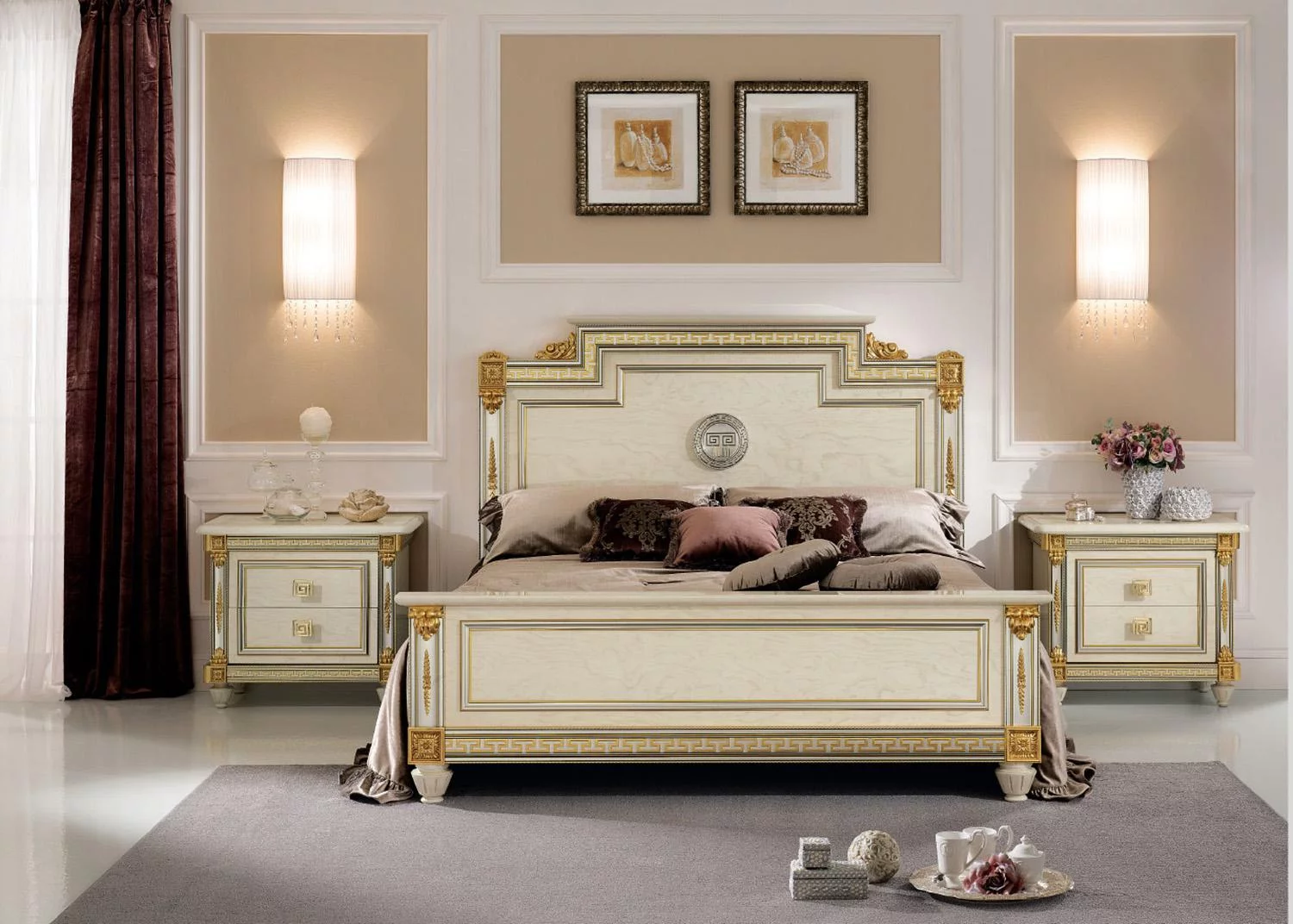 Glossy Ivory Luxury Queen Bedroom Set 3P Liberty Night ESF Made in Italy Classic