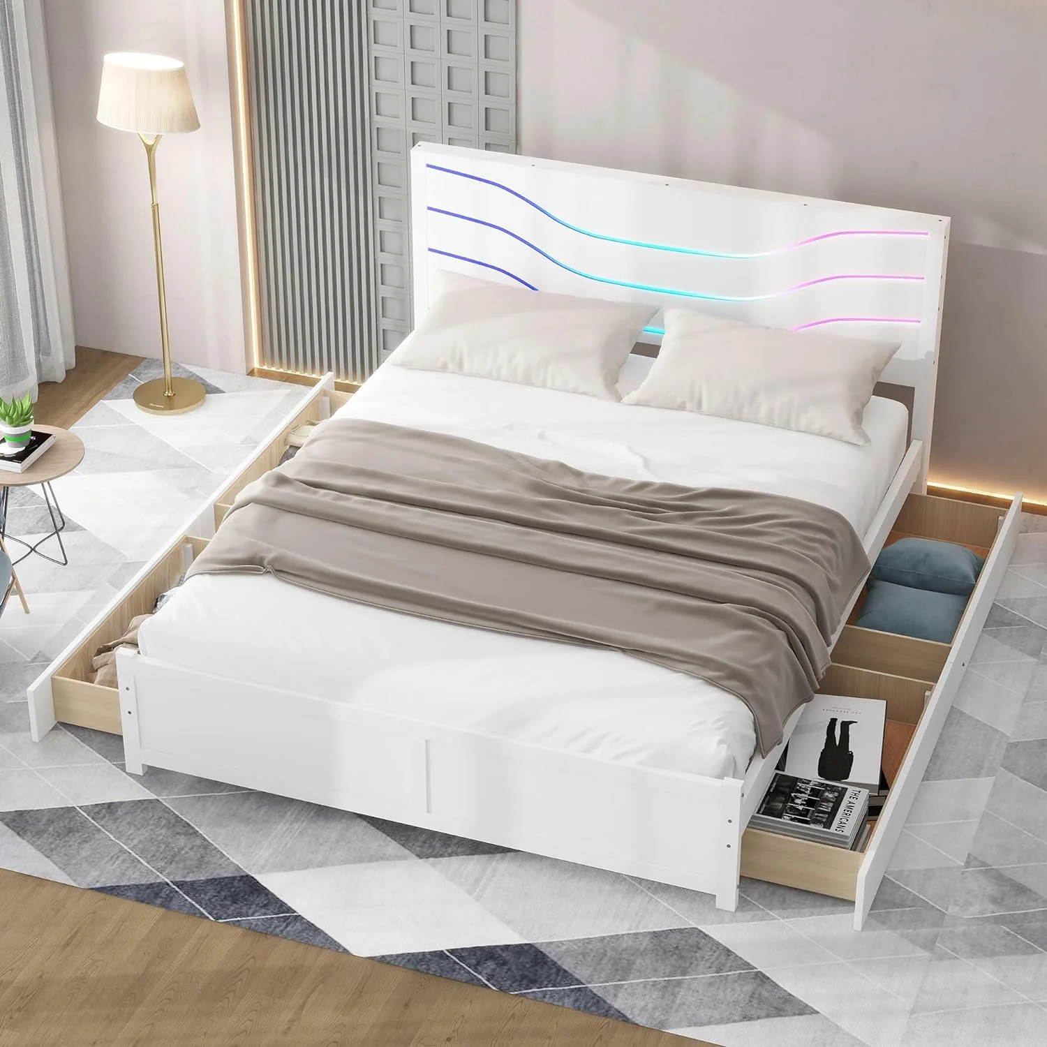Quee Size Bed Frame With Headboard Ad LED Lights, Wood Platform Bed With 4 Storage Drawers, White