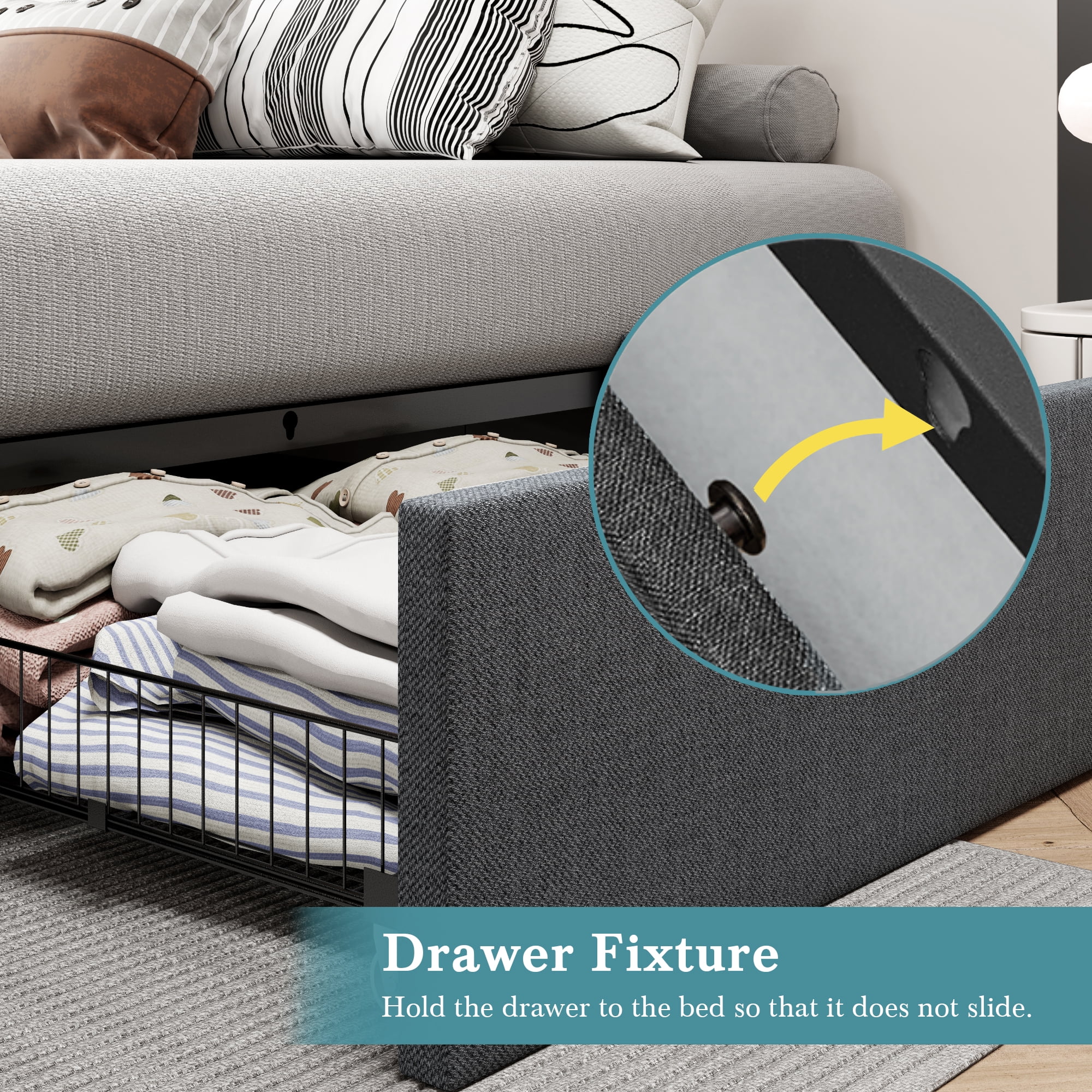 SHA CERLIN Dark Grey Queen Size Platform Bed Frame with 3 Storage Drawers, Adult