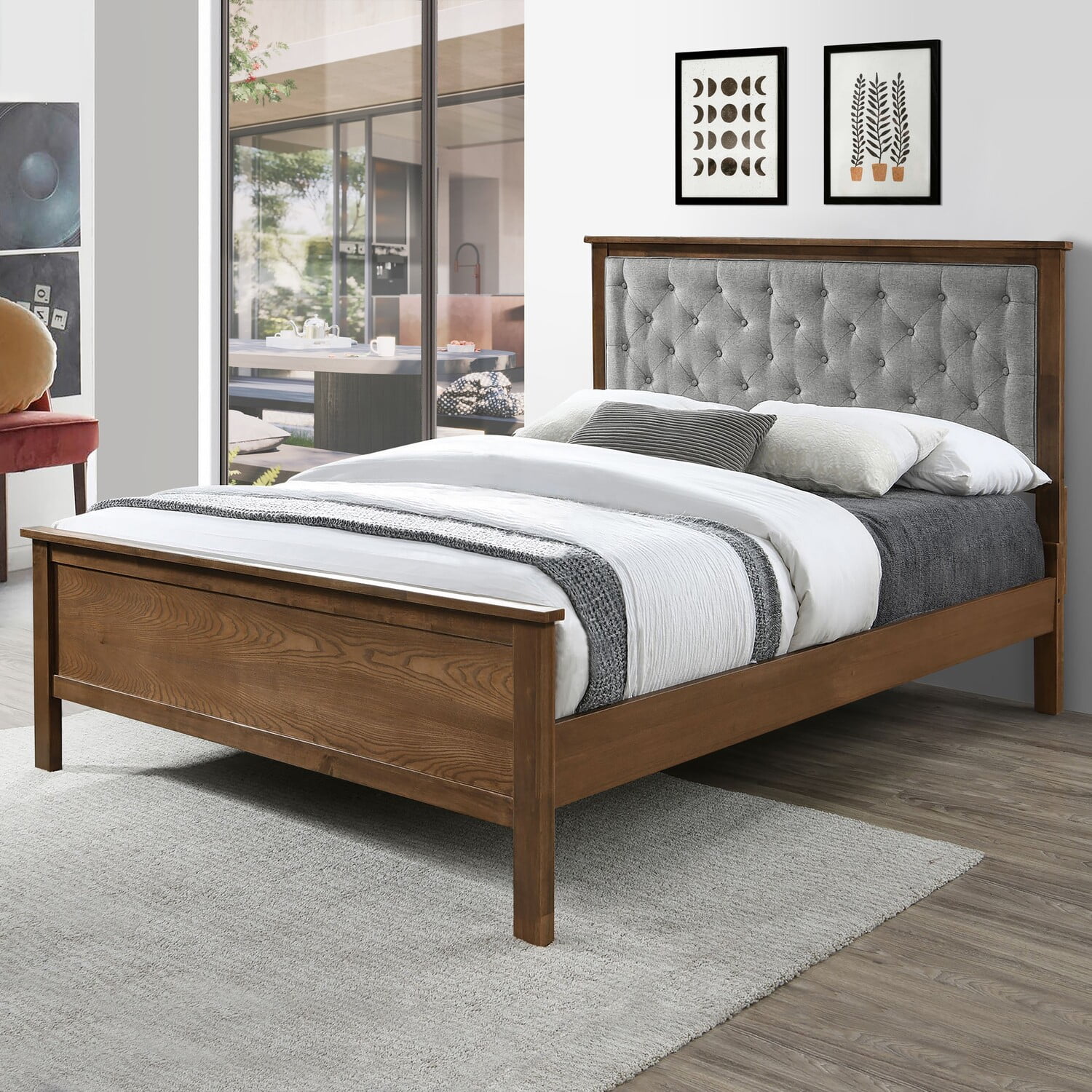 LuxenHome Gray Upholstered Queen Bed Headboard and Wood Footboard Set