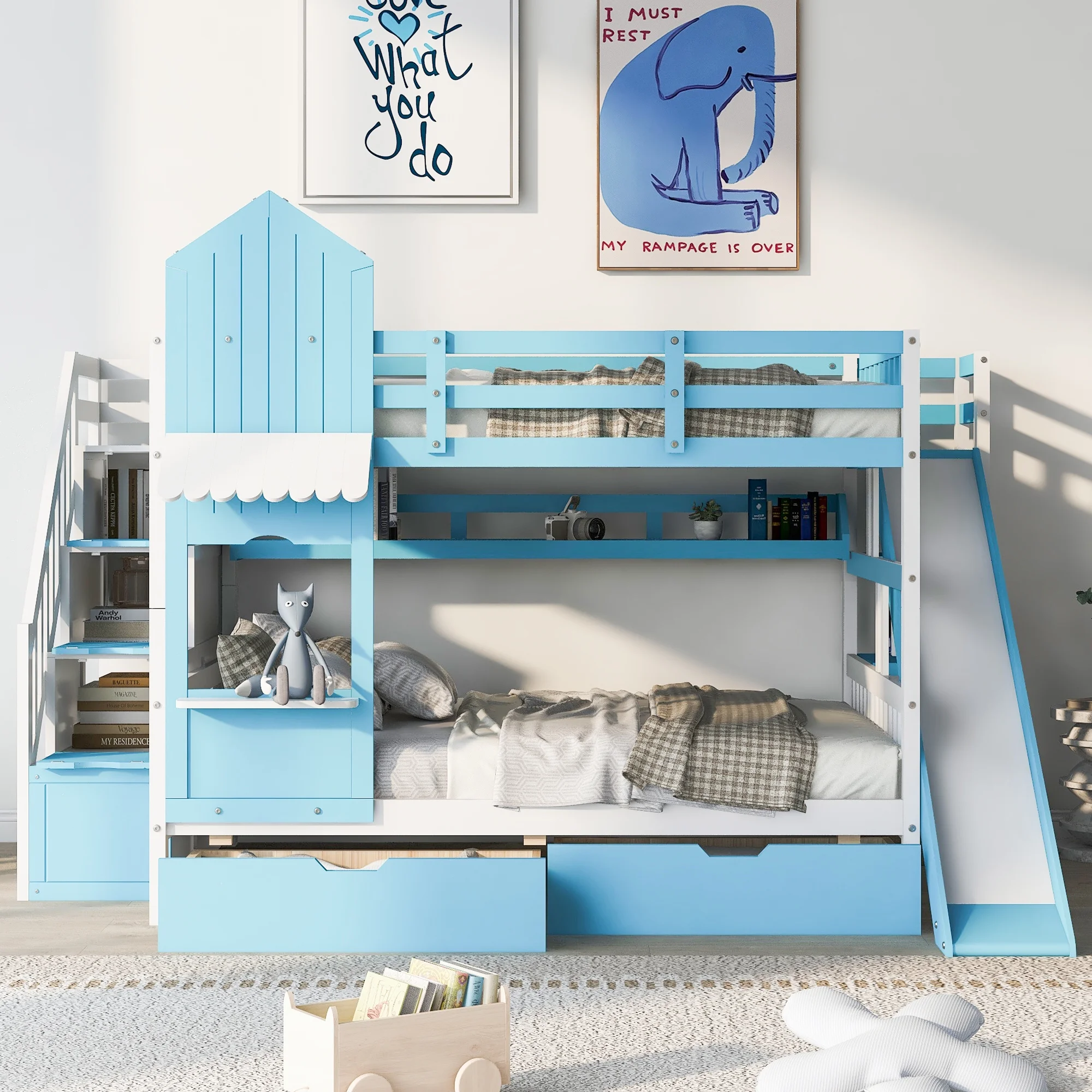 BELLEMAVE Kids Castle Bunk Bed with Storage Drawers, Shelf, Slide and Safety Guardrail, Full over Full Bunk Bed with Stairs, Castle Bunk Bed/Playhouse Bed for Girls, Boys, Kids(Blue)
