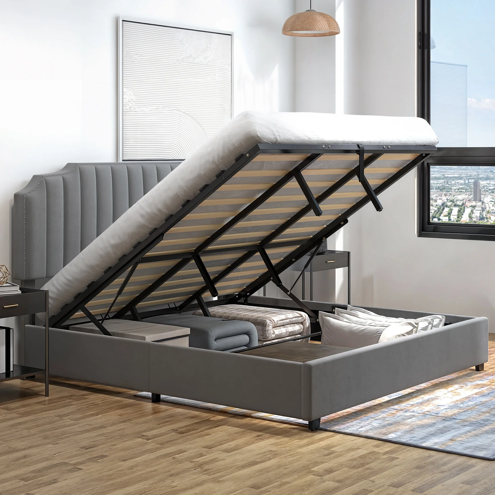 DWVO King Lift Up Storage Bed Frame, Velvet Upholstered Platform Bed, Noise-Free No Box Spring Needed Fast Assembly, Gray