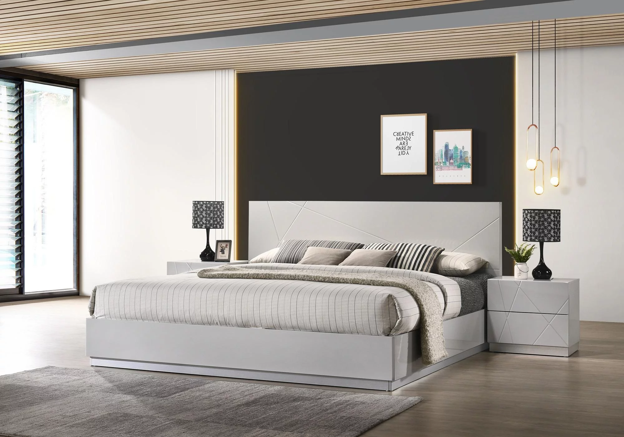 Contemporary Grey Lacquer Finish Platform King Size Bedroom Set 5Pcs J&M Naples