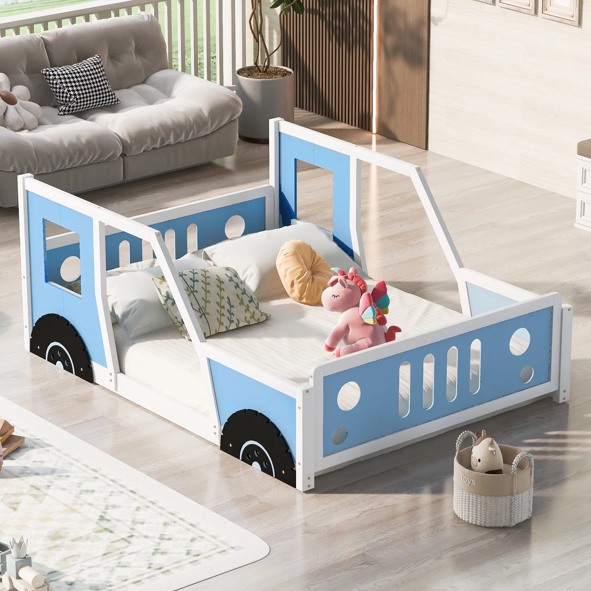 Nestfair Blue Full Size Car-Shaped Platform Bed with Wheels