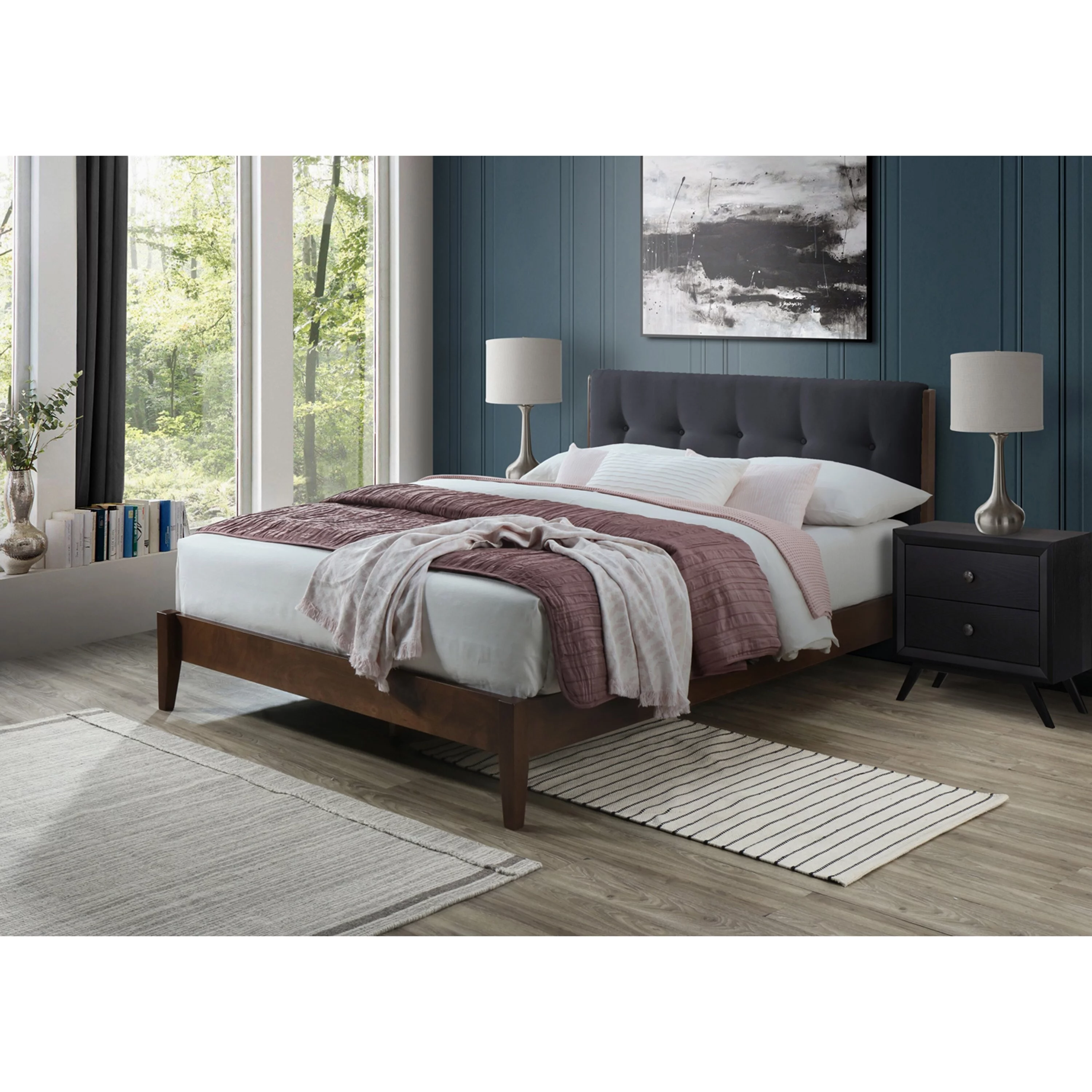 DG Casa Dickens Queen-size Mid-century Modern Upholstered Platform Bed Frame Charcoal Chestnut Bohemian & Eclectic, Mid-Century Modern