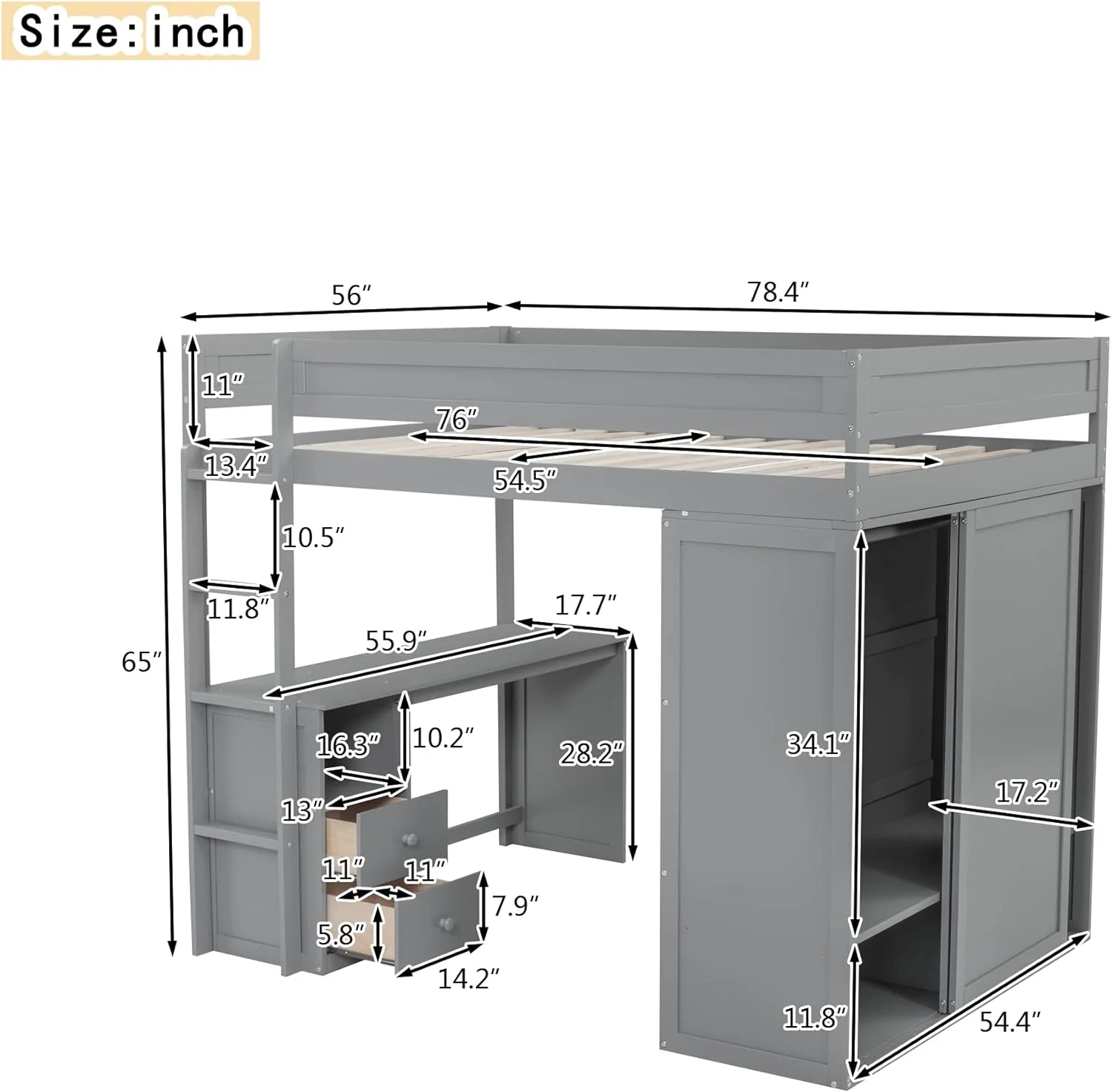 Full Size Loft Bed With Wardrobes Ad Desk, Solid Wood Loft Bed Frame With 2 Storage Drawers Cabiet, For Kids Tees Adults (Gray)