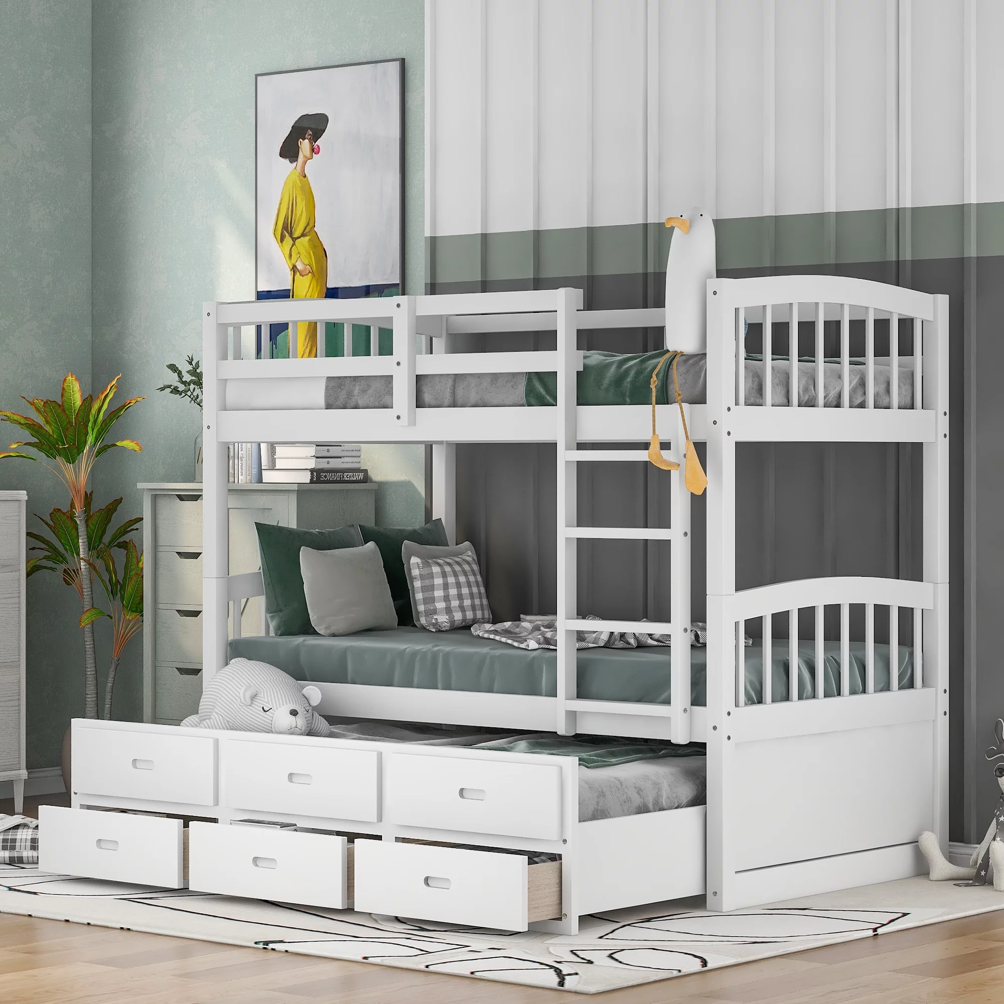 Solid Wood Bunk Bed Frame for Kids with Trundle, Hardwood Twin Over Twin Bunk Bed Frame with Slats Ladder 3 Drawers Bedroom Furniture