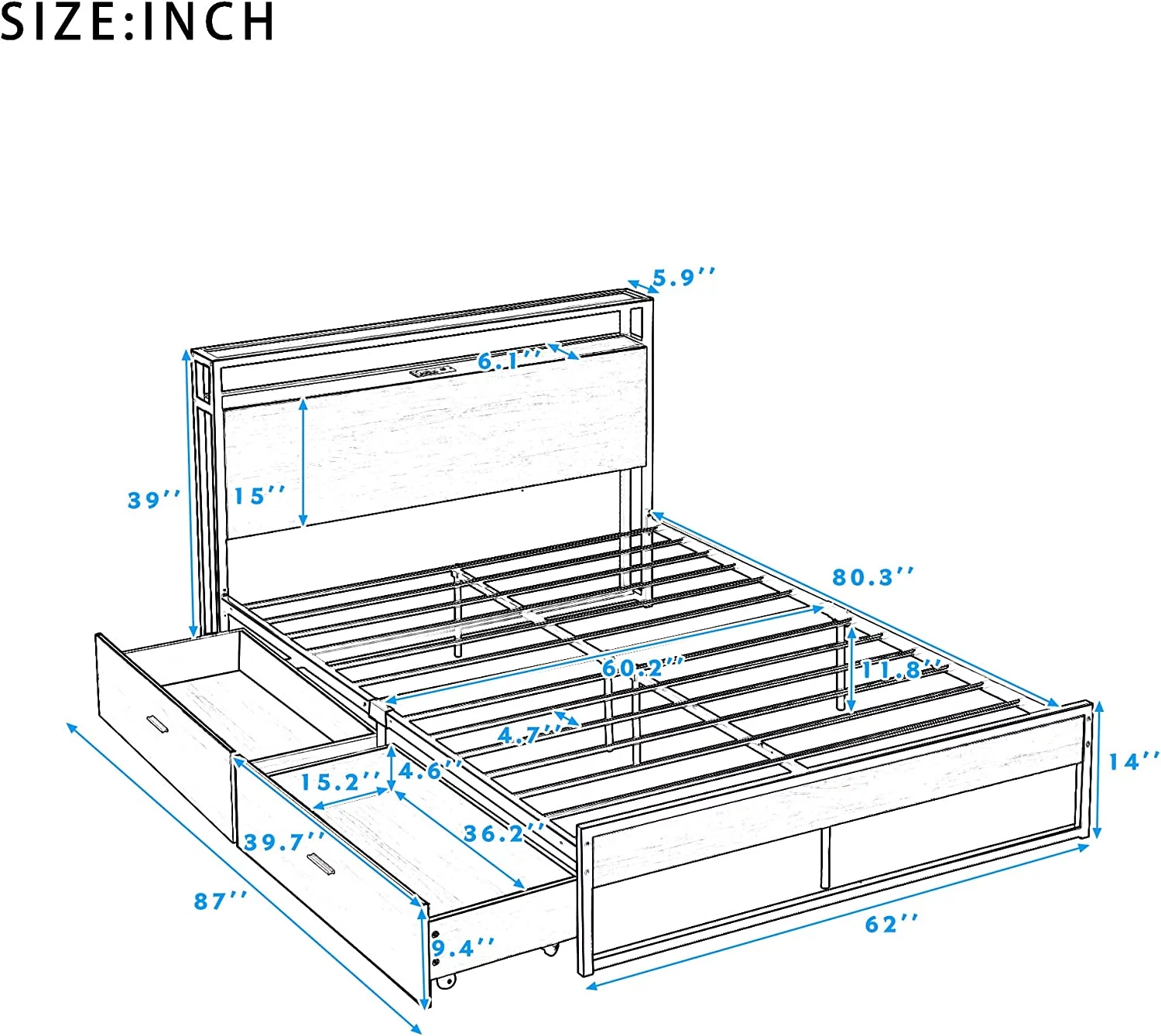 Queen Bed Frame With Headboard And Footboard, Industrial Metal And Wood Platform Bed Frame With Drawers, Sockets, USB Ports And 14 Strong Steel Slat Support, No Box Spring Needed