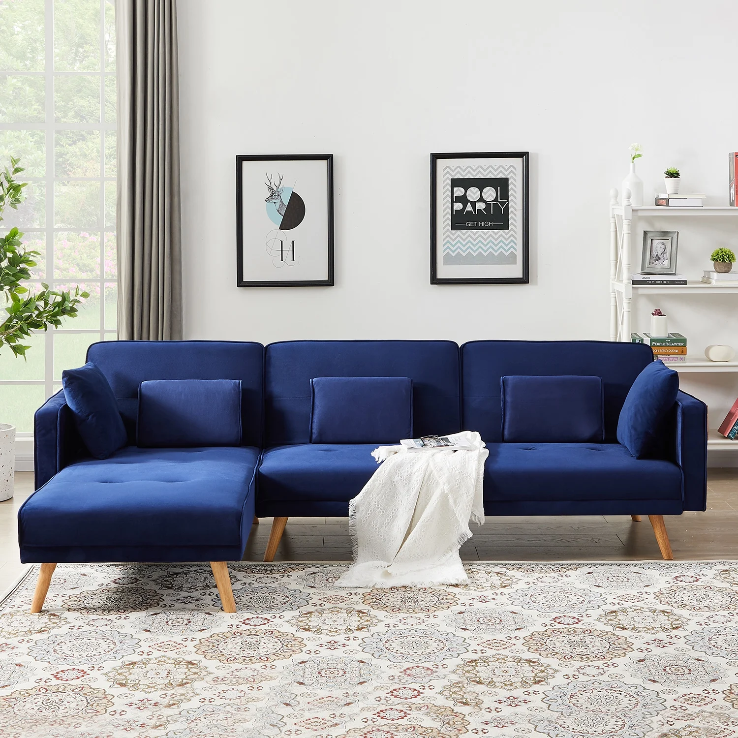 Modern Velvet L-Shaped Sectional Sofa Bed, Convertible Folding Sleeper Futon Couch with Chaise Lounge and Pillows for Living Room Office Apartment
