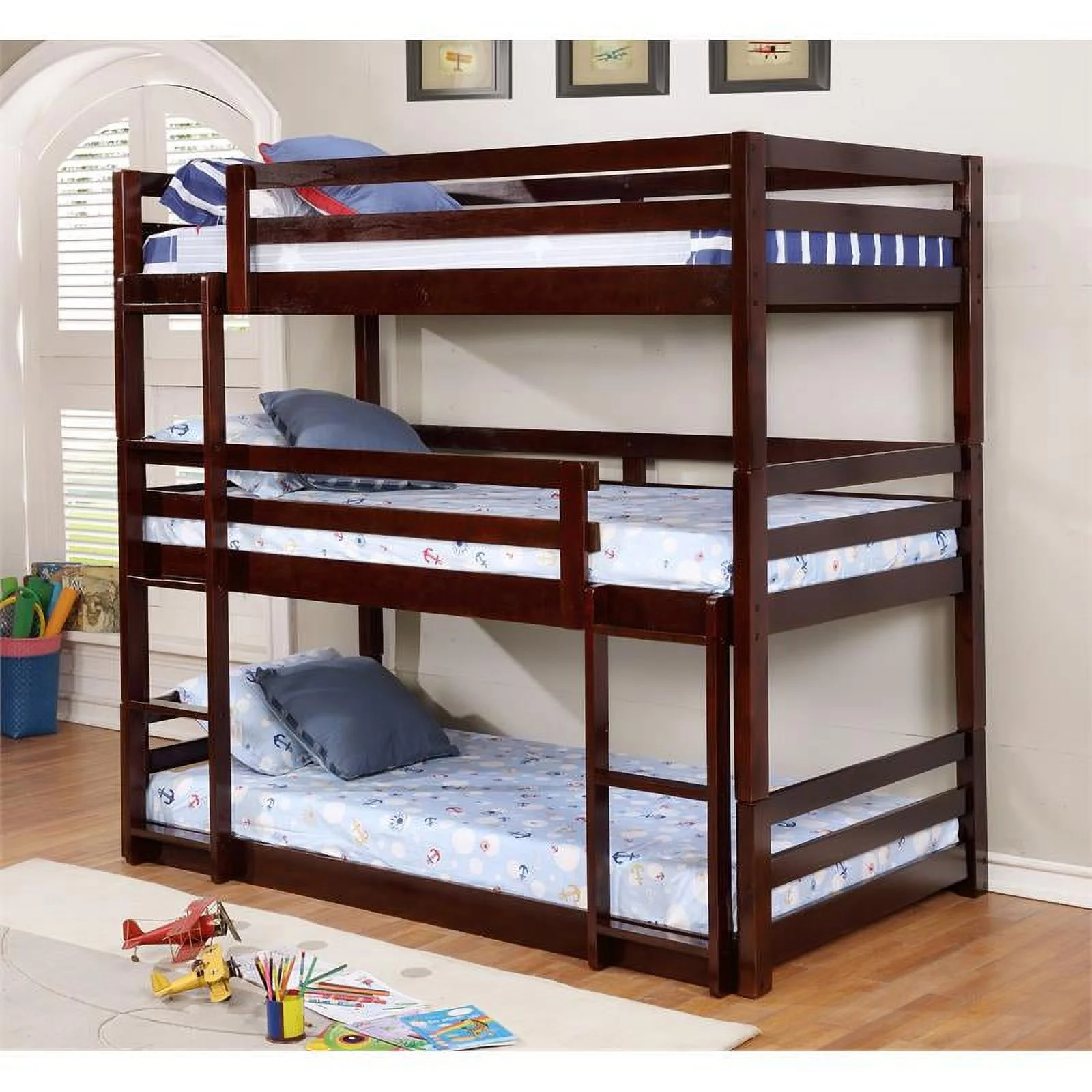 BEKids Traditional Solid Wood Twin Triple Bunk Bed in Java Brown