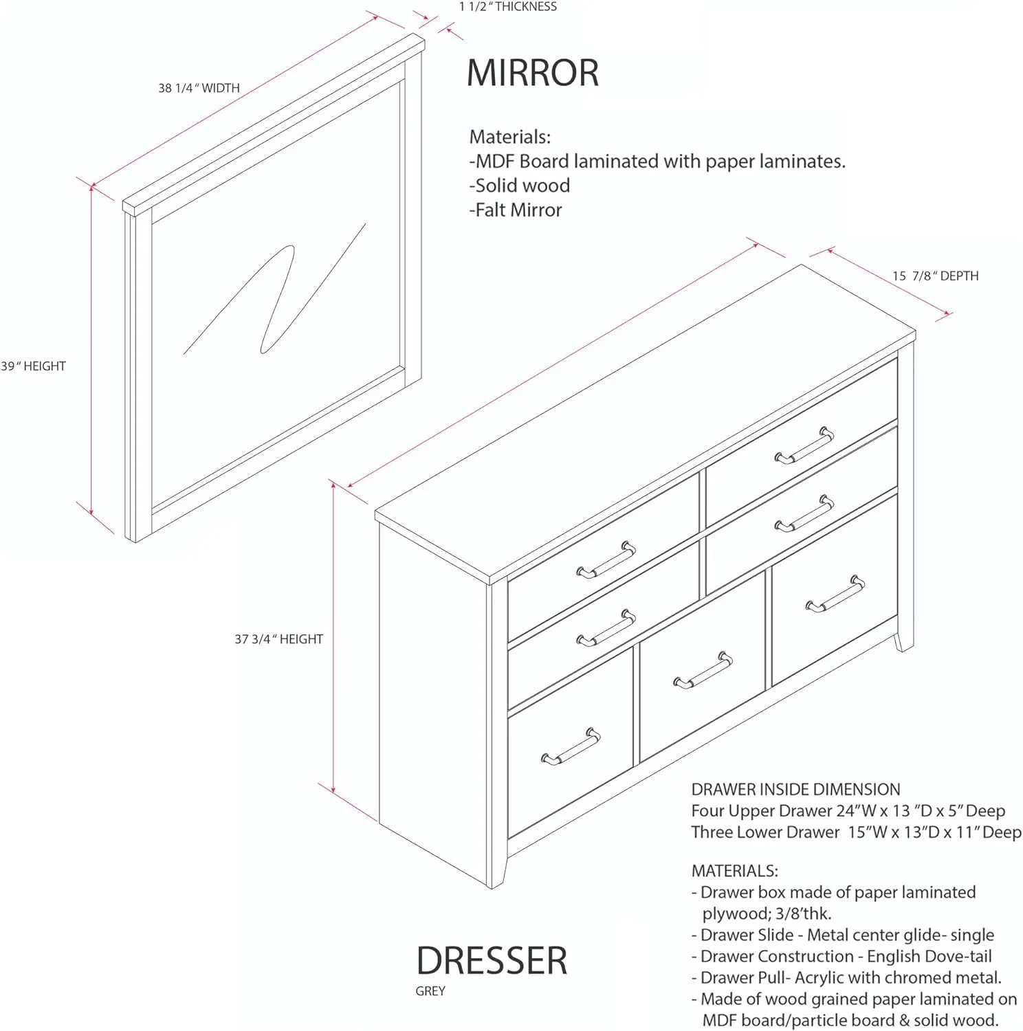 Kings Brand Furniture - Harmony Wood 5-Drawer Dresser with Mirror