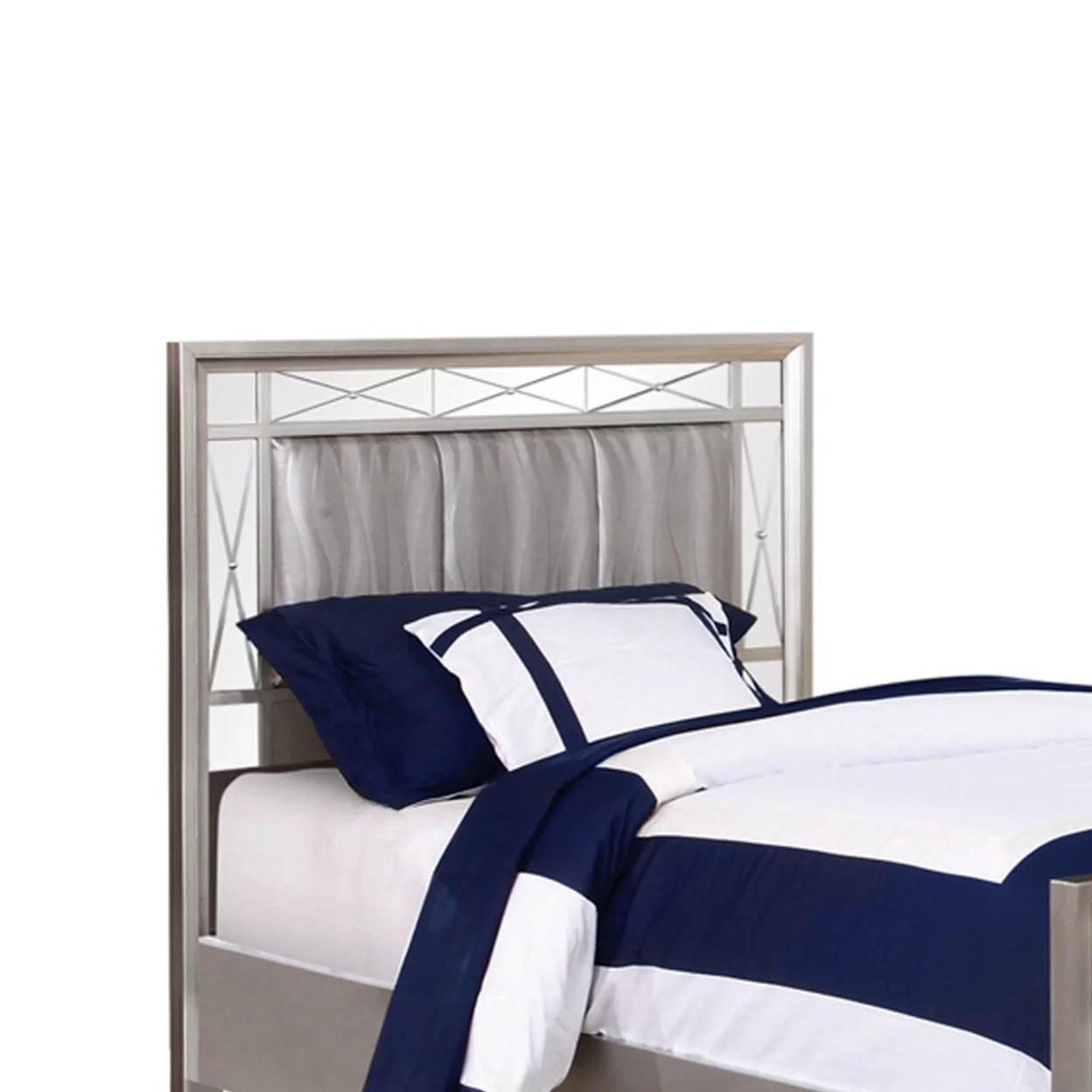 Leatherette Padded Twin Size Bed with Mirror Panel Accents, Gray- Saltoro Sherpi