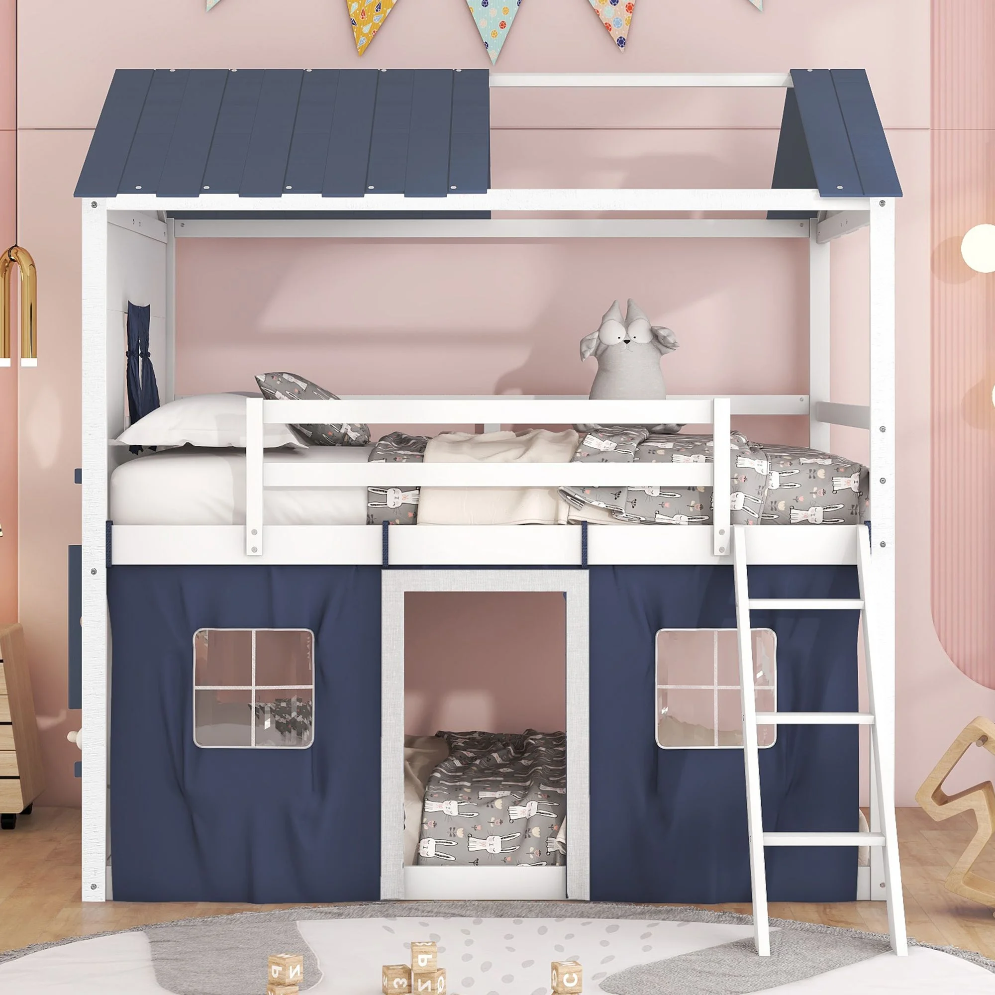 Floor Bunk Bed with Elegant Windows, Sills and Tent for Boys/Girls/Teens Bedroom, Low Wood Bed Frame with Safety Guardrail, No Box Spring Needed with Roof, Window