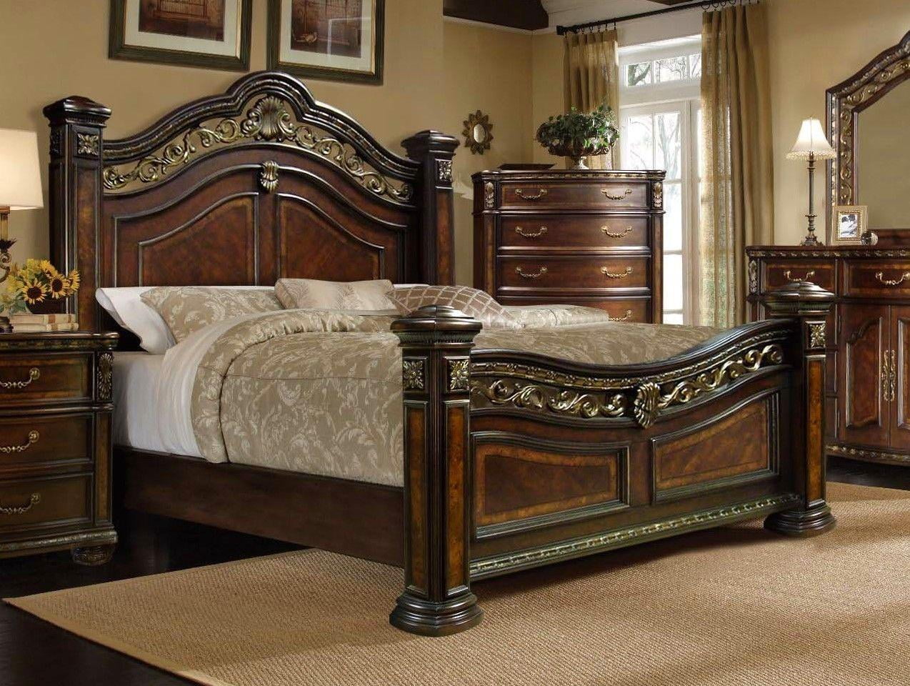McFerran B163-Q Antique Brass Cherry Wood Finish Queen Bed Classic