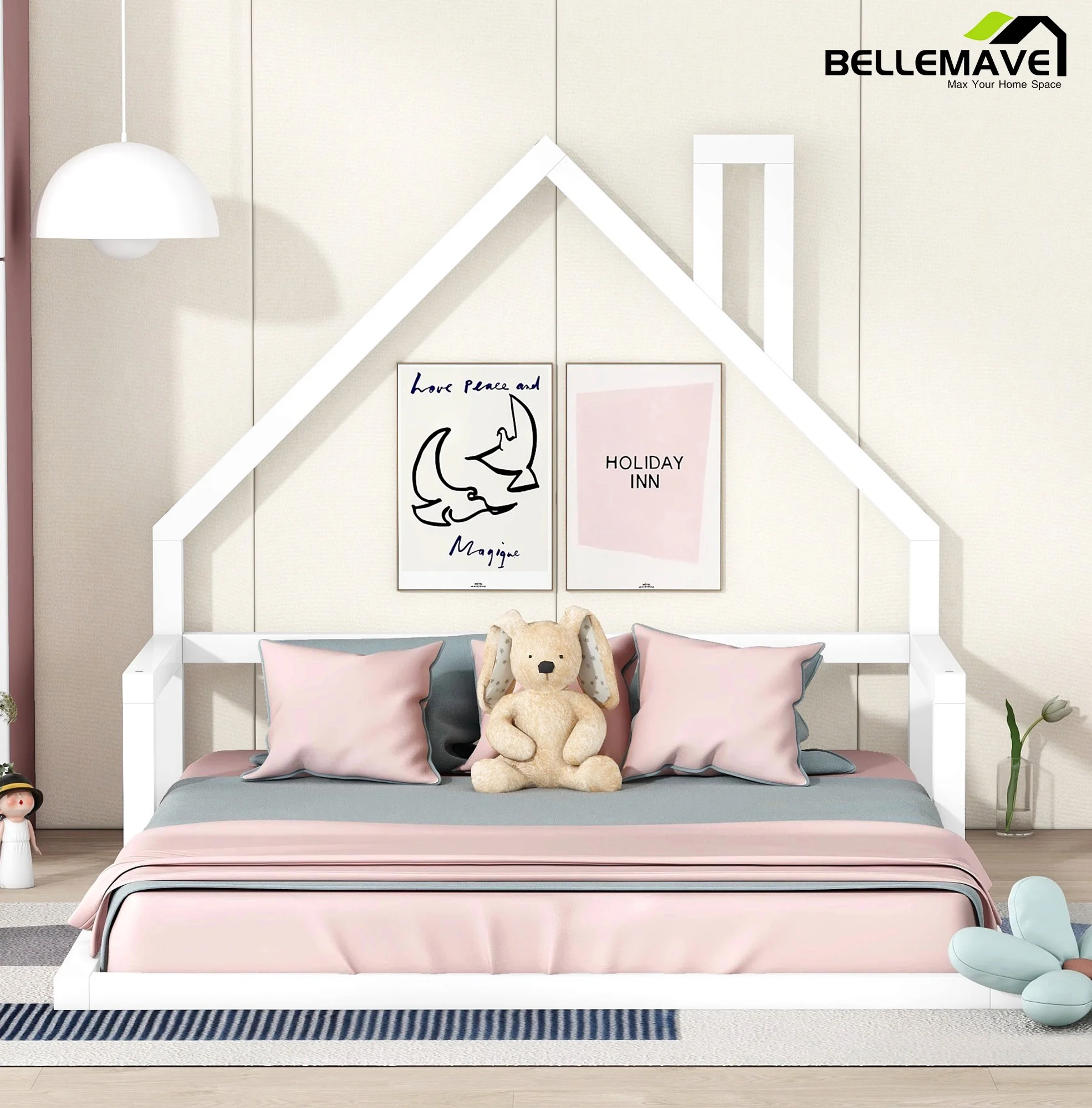 Bellemave Full Size Wood Floor Bed with House-shaped Headboard Toddler Bed Frame Montessori Floor Bed with Rails and Wooden Slats for Kids, Boys, Girls, No Box Spring Needed, White