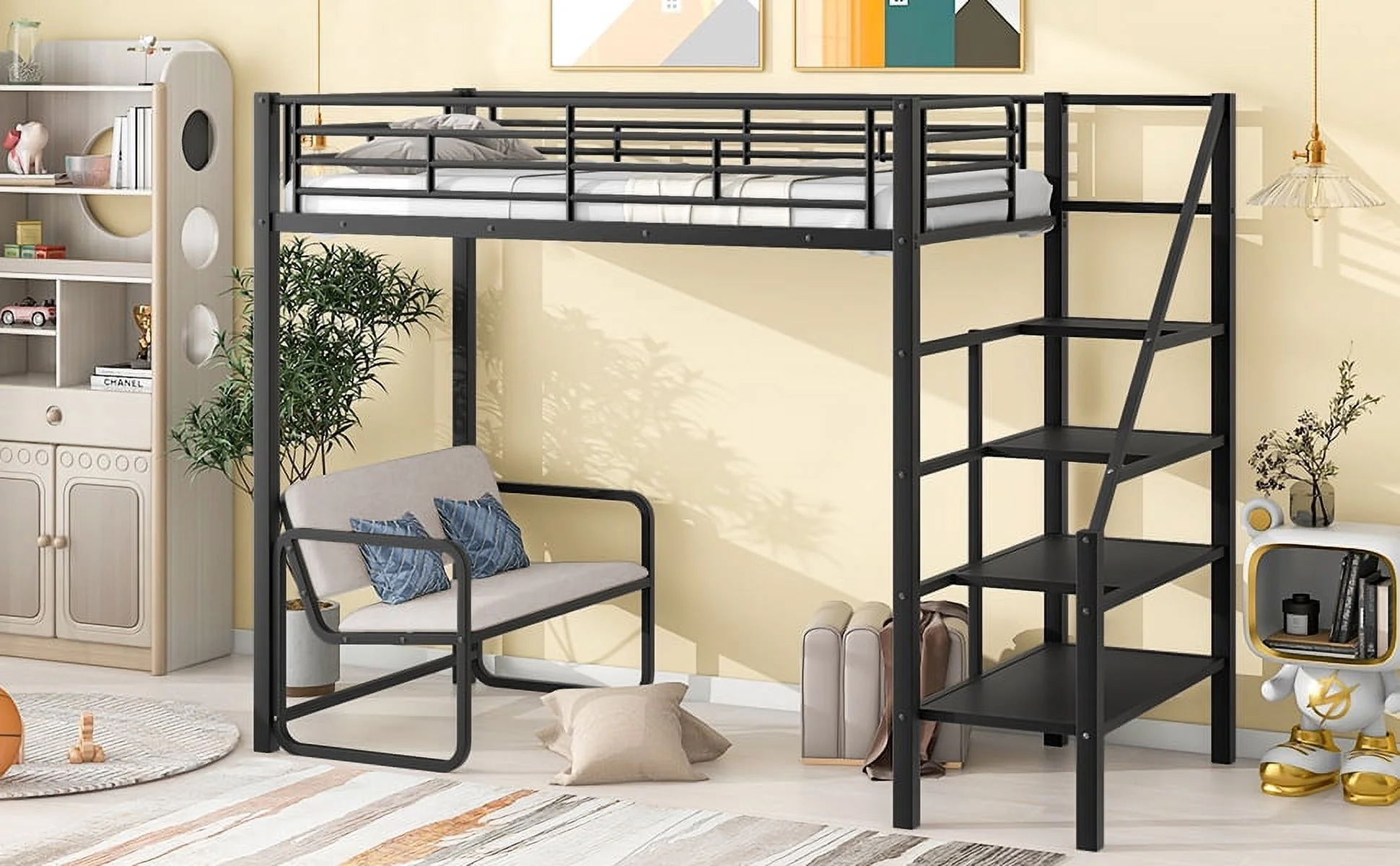 Royard Oaktree Twin Size Metal Loft Bed with Bench and Storage Staircase Modern Loft Bed Frame with Guardrail and Slats, No Box Spring Needed, Black