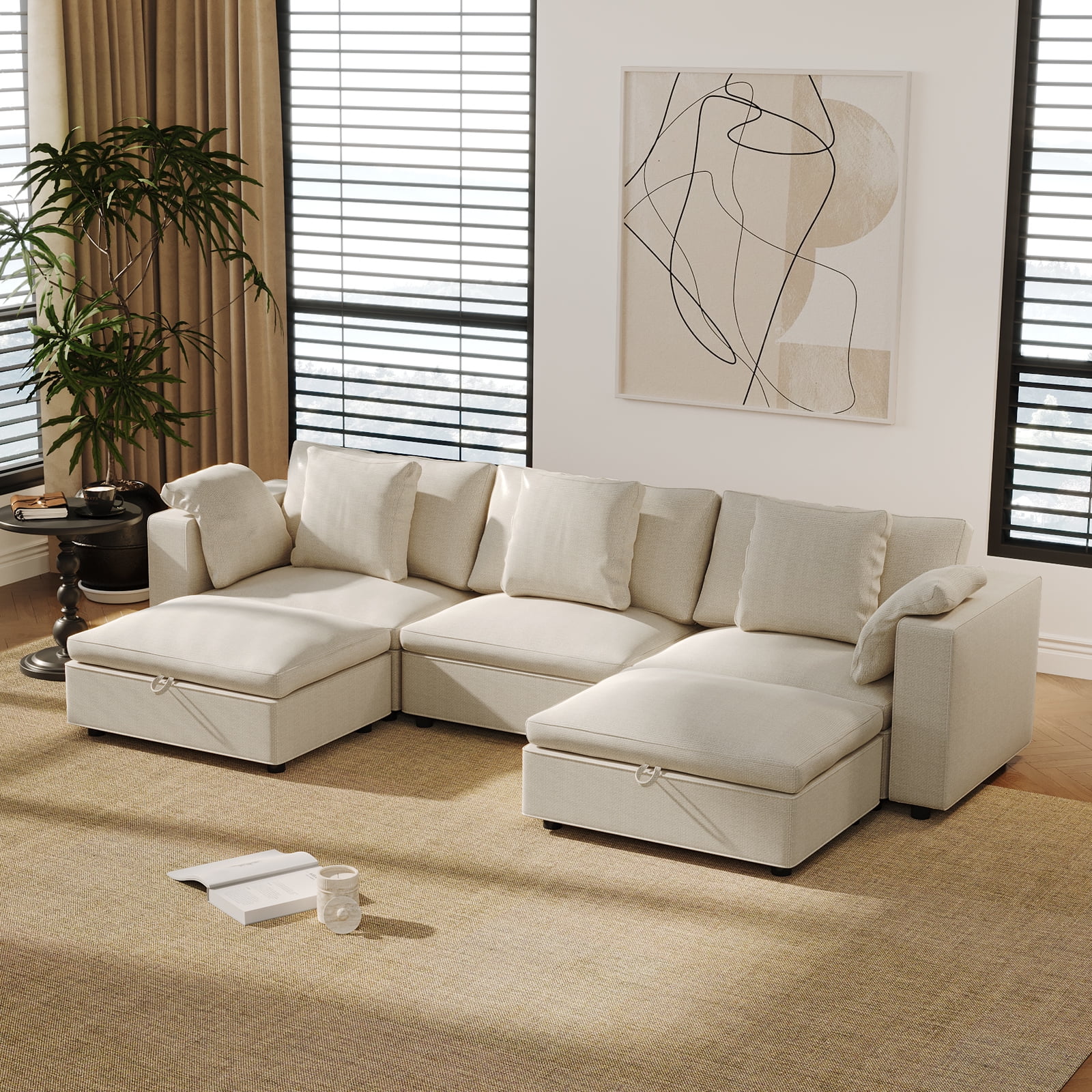 Guyii Oversized Modular Sectional Sofa Couch with Ottoman, L-Shaped Couch with Chaise Lounge, 5 Seats Sofa with Back Cushions for Apartment, Living Room, Beige