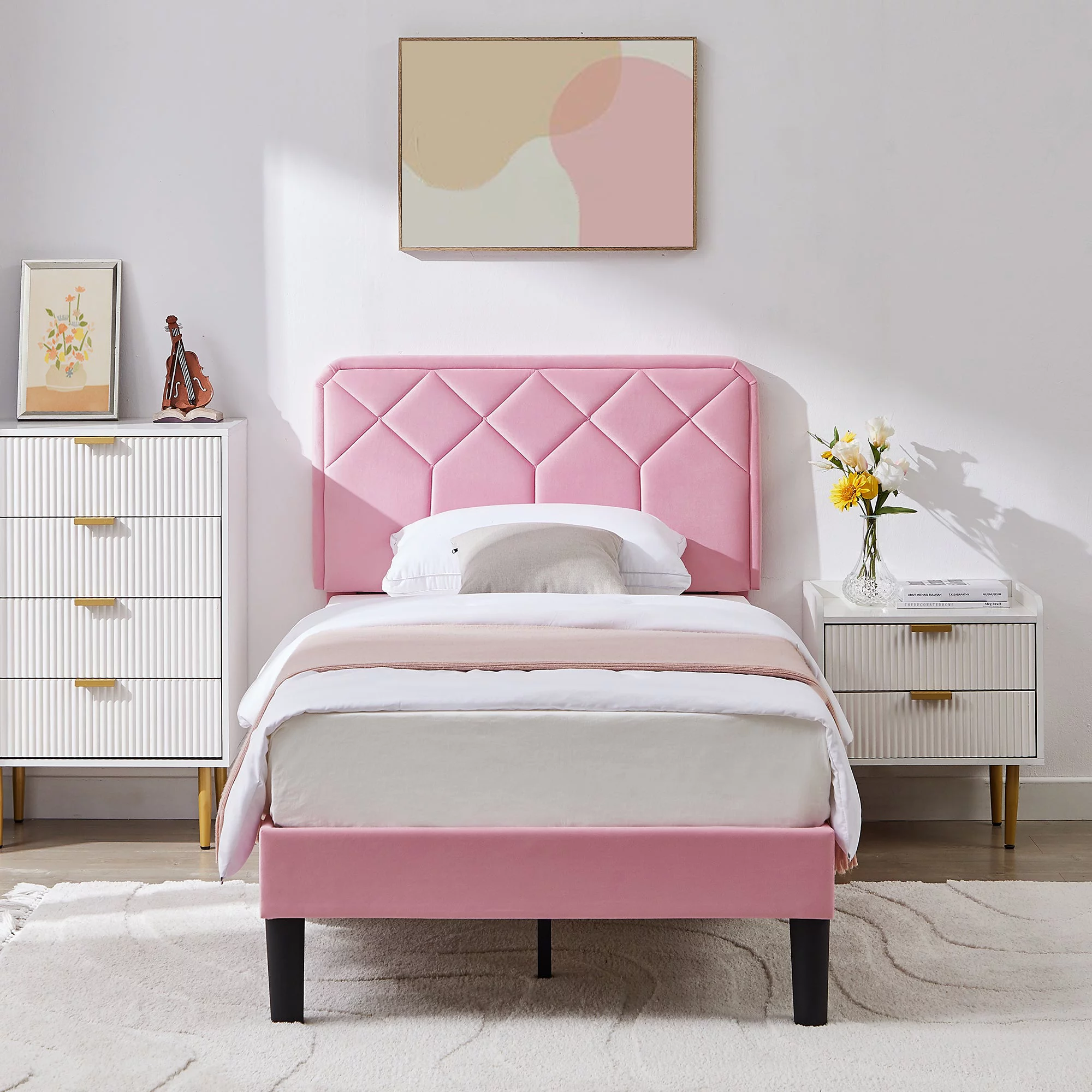 VECELO Set of 2 Twin Bed Frames, Modern Upholstered Platform Bed Frame with Adjustable Headboard, No Box Spring Needed, Pink