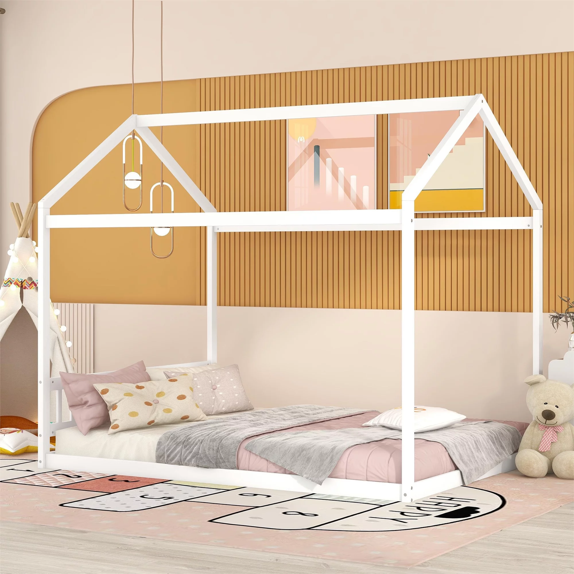 Euroco Pine Wood Queen Size House Shaped Canopy Bed for Bedroom, House Platform Bed for Living Room, White